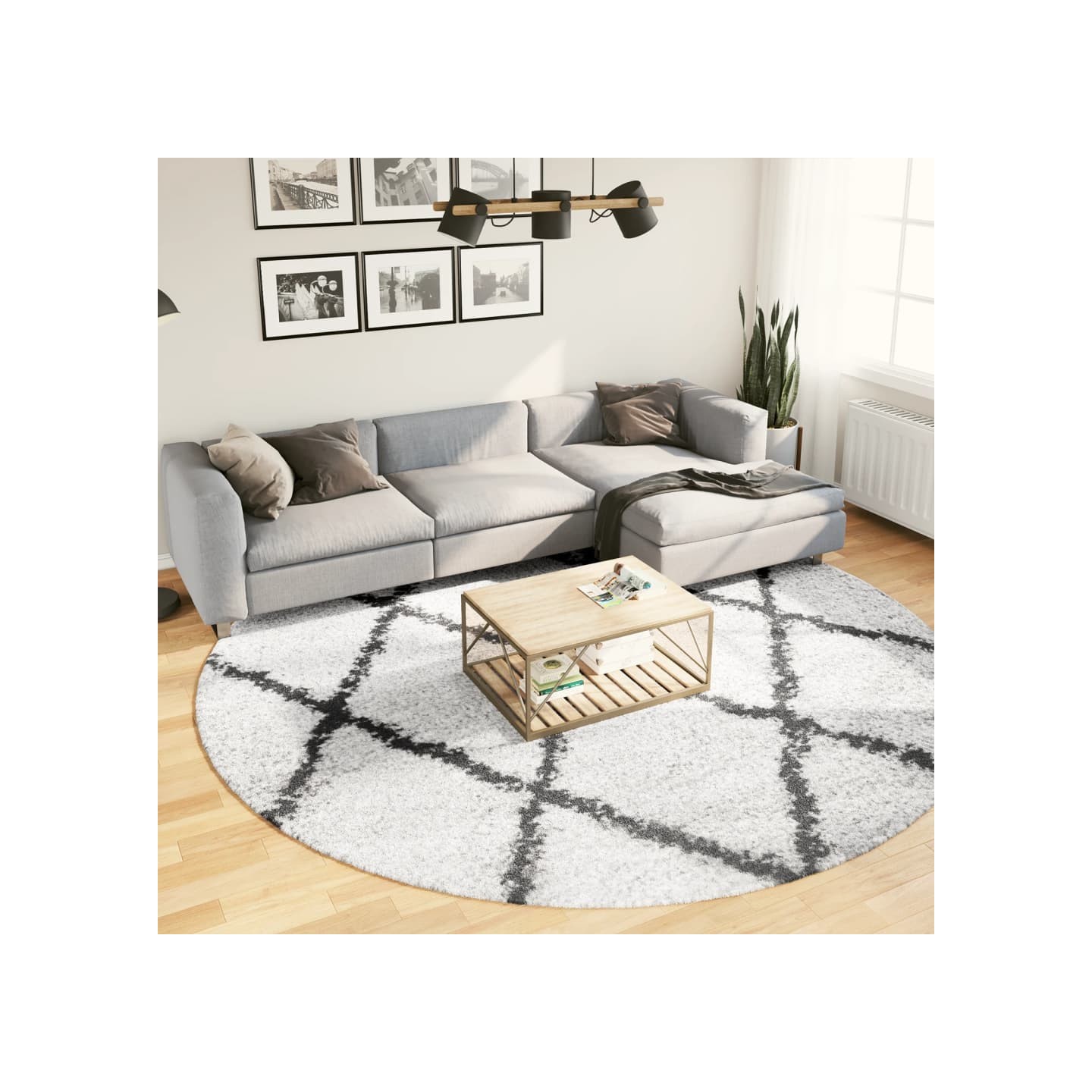 Tapis shaggy PAMPLONA poils longs moderne crème et noir Ø 280cm
