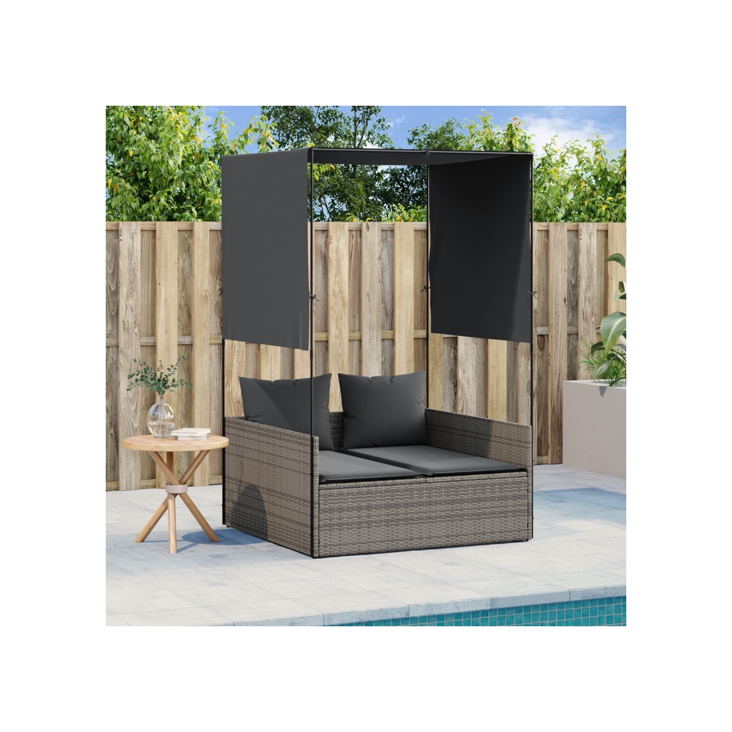 Chaise longue double avec toit et rideaux gris résine tressée