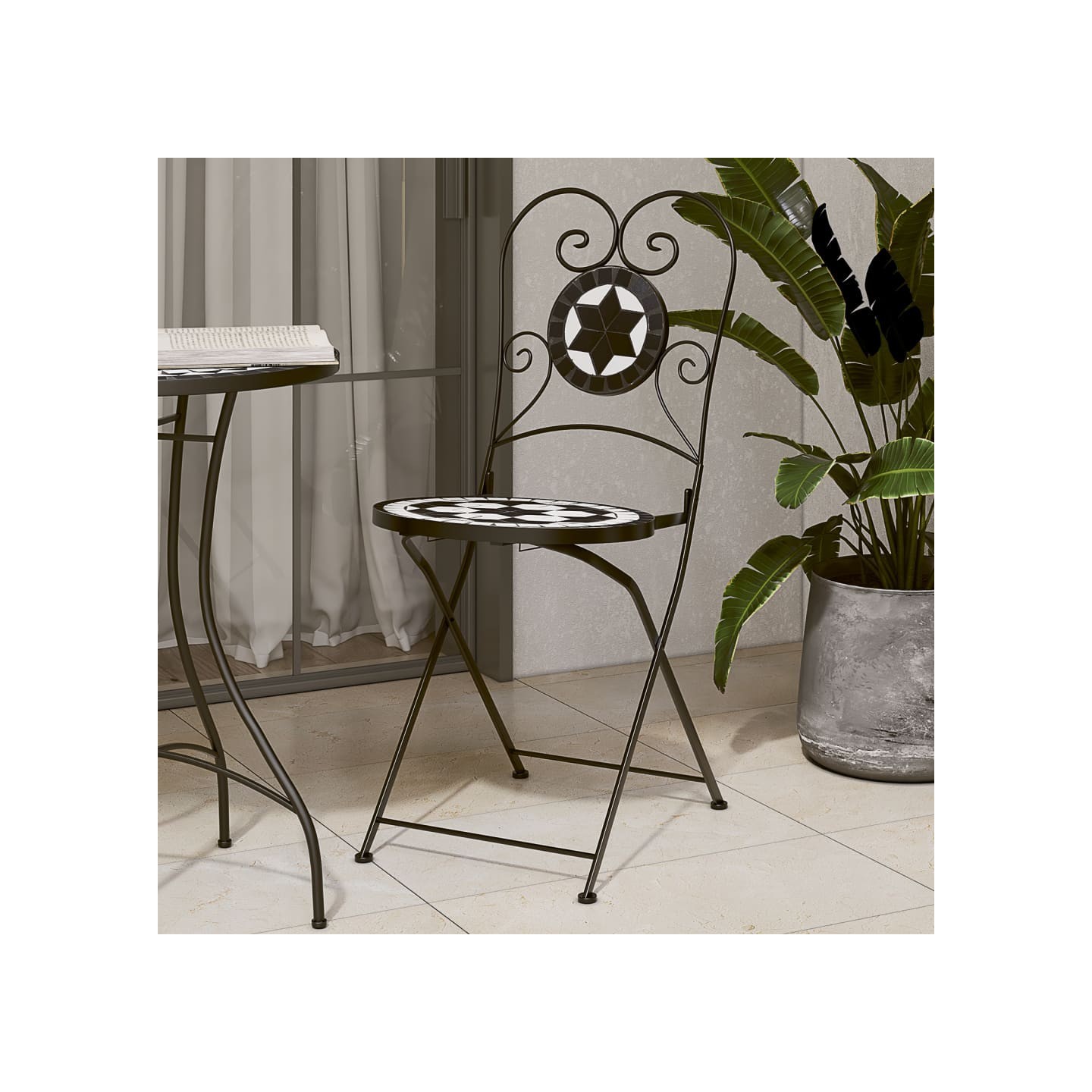 Chaises pliantes 2 pièces en céramique noire et blanche