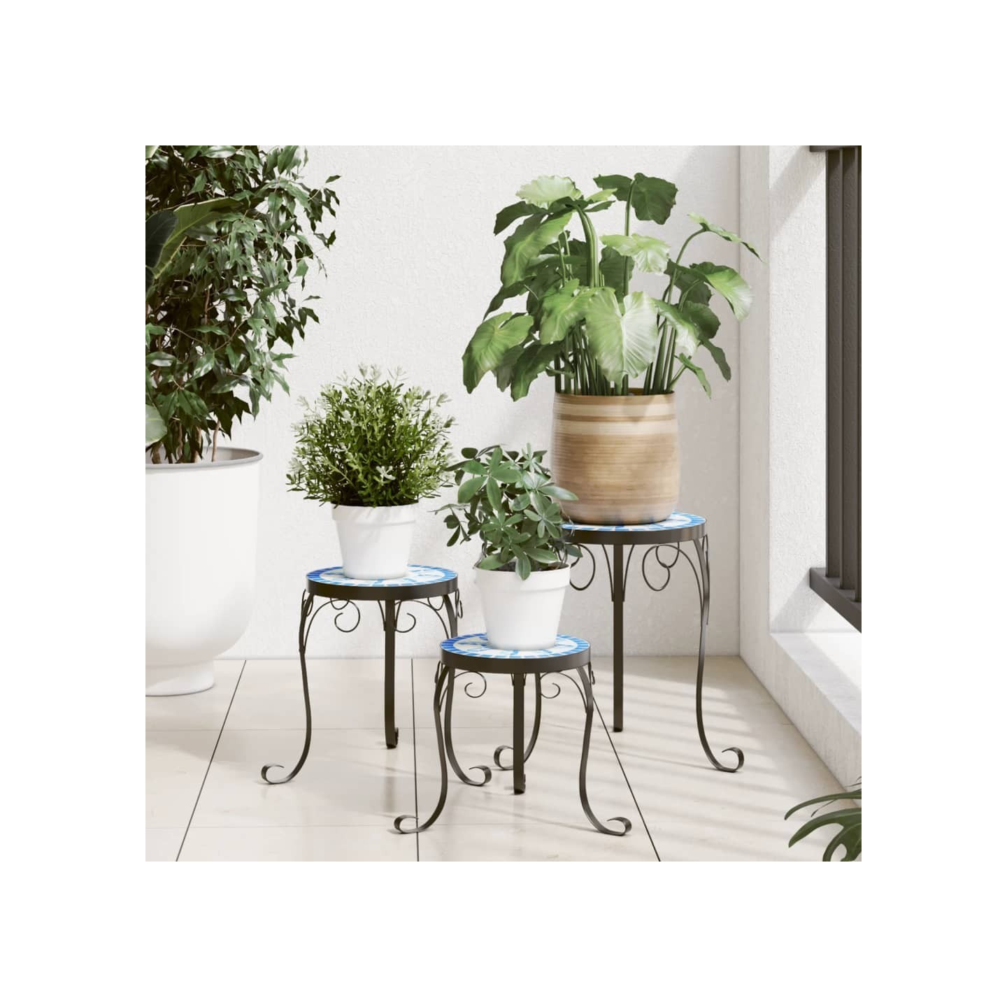 Supports pour plantes 3 pcs bleu et blanc céramique
