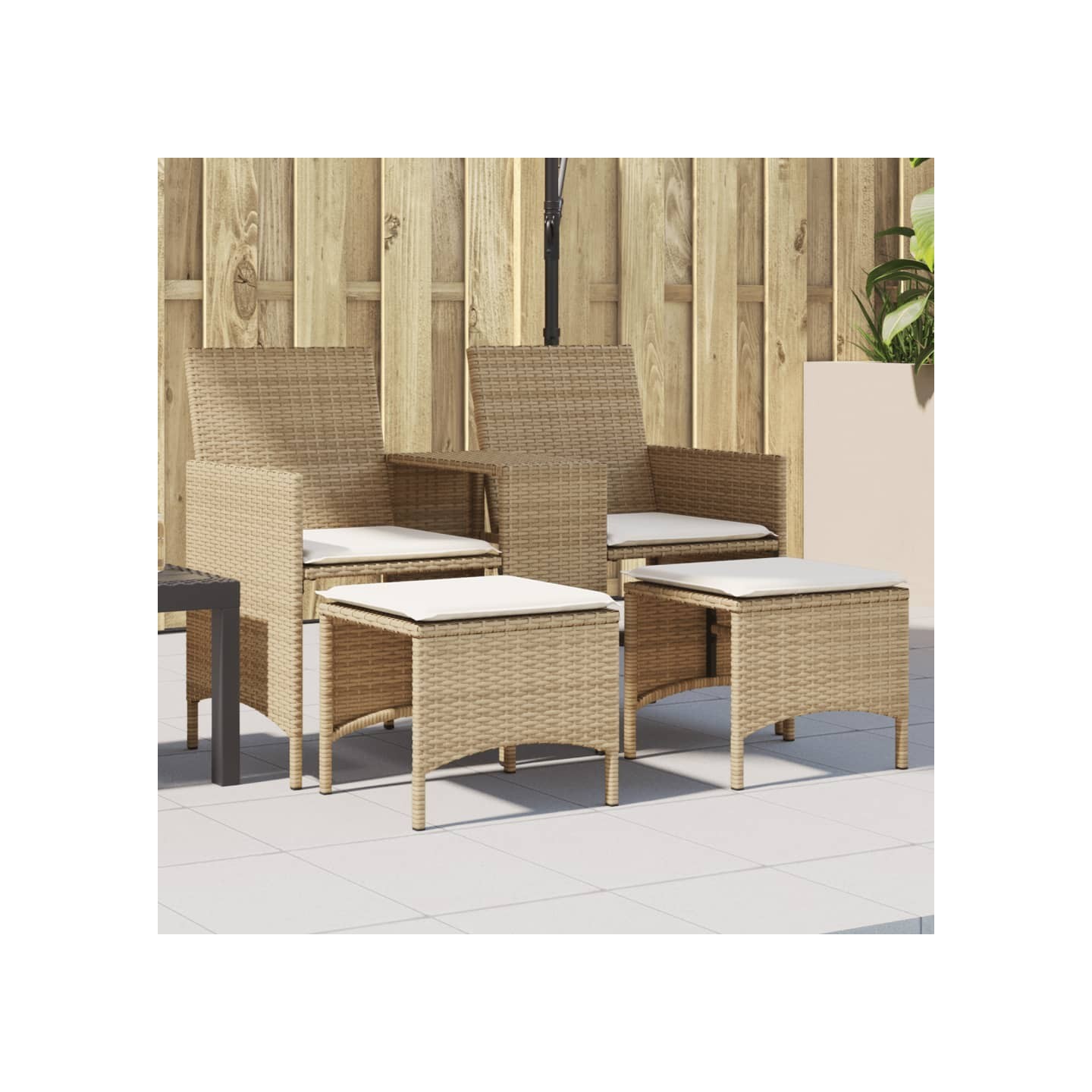 Canapé de jardin 2 places avec table et tabourets beige rotin
