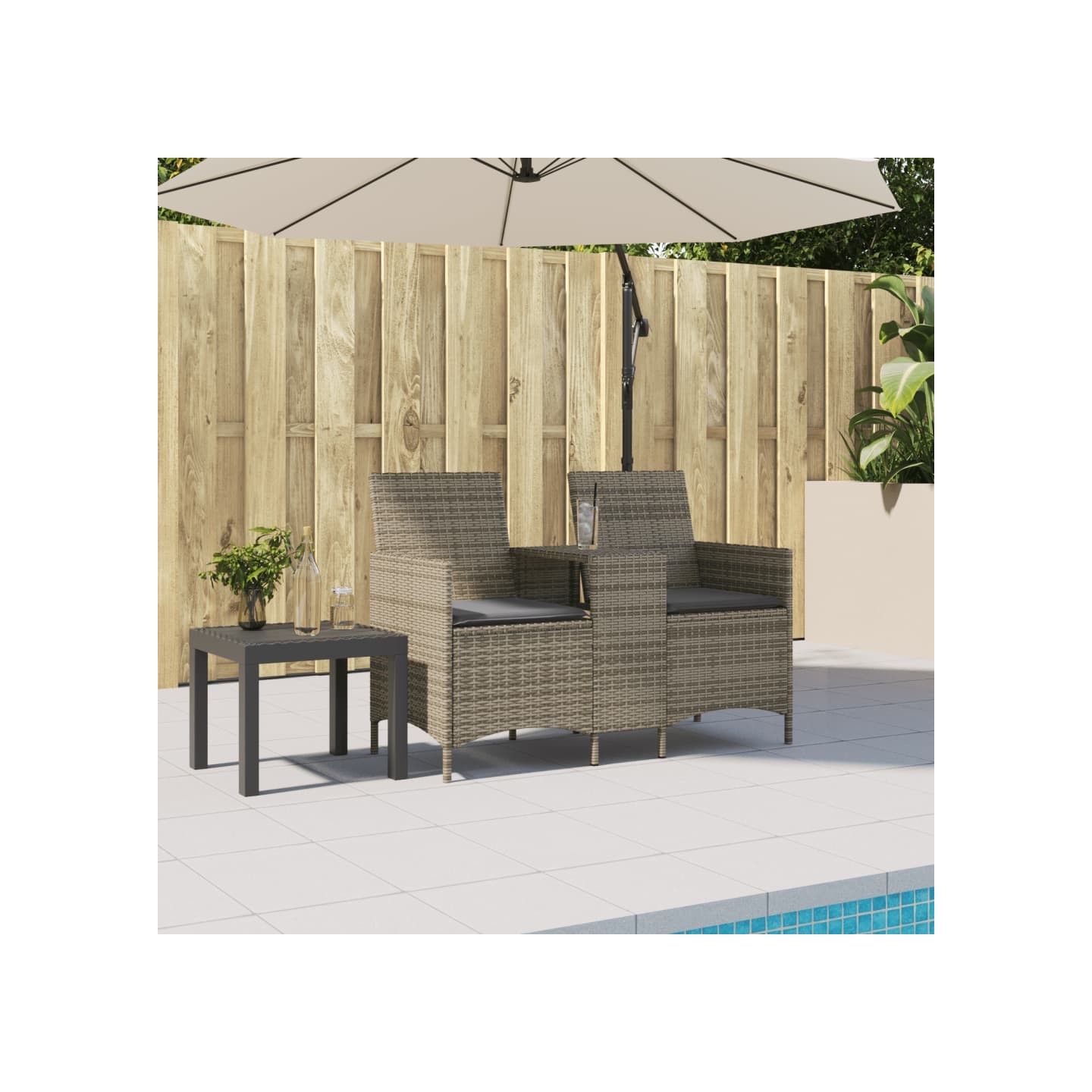 Canapé de jardin 2 places avec table et coussins résine tressée