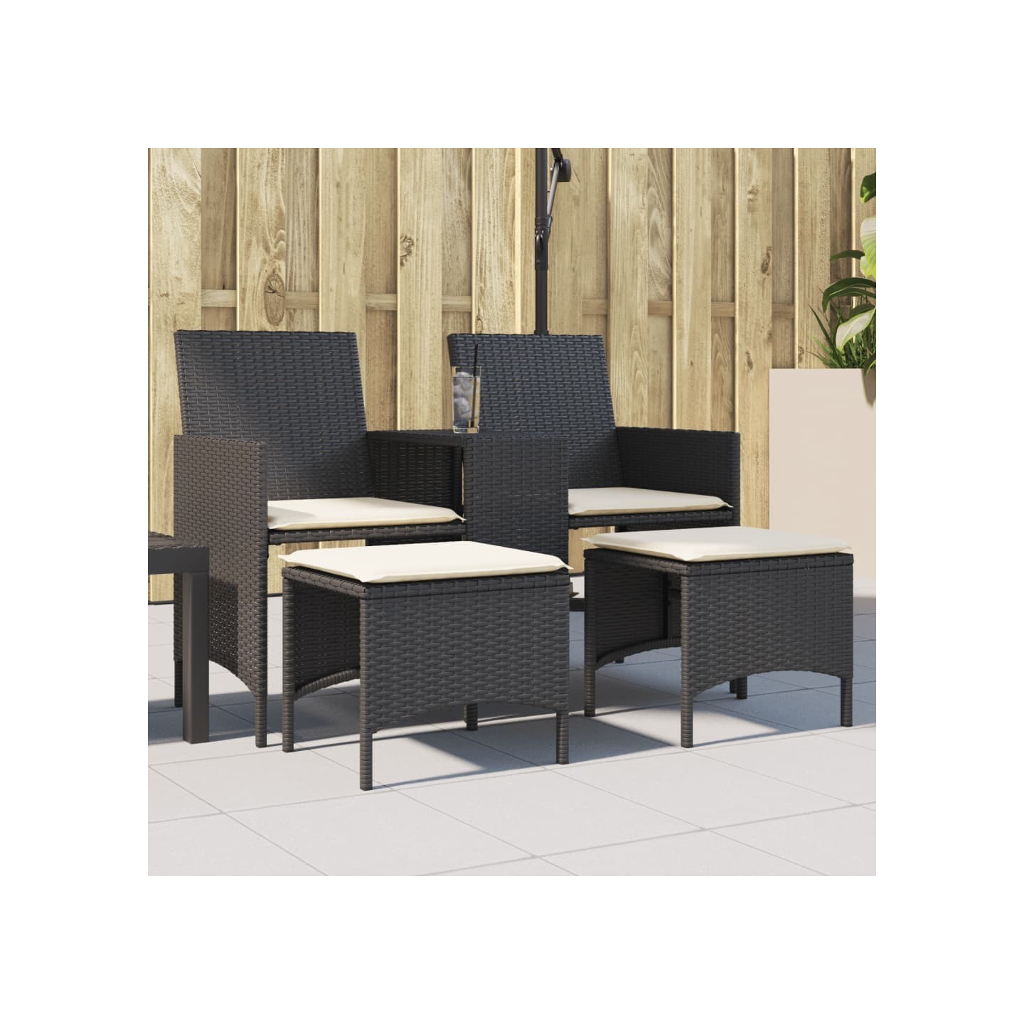 Canapé de jardin 2 places avec table et tabourets noir rotin