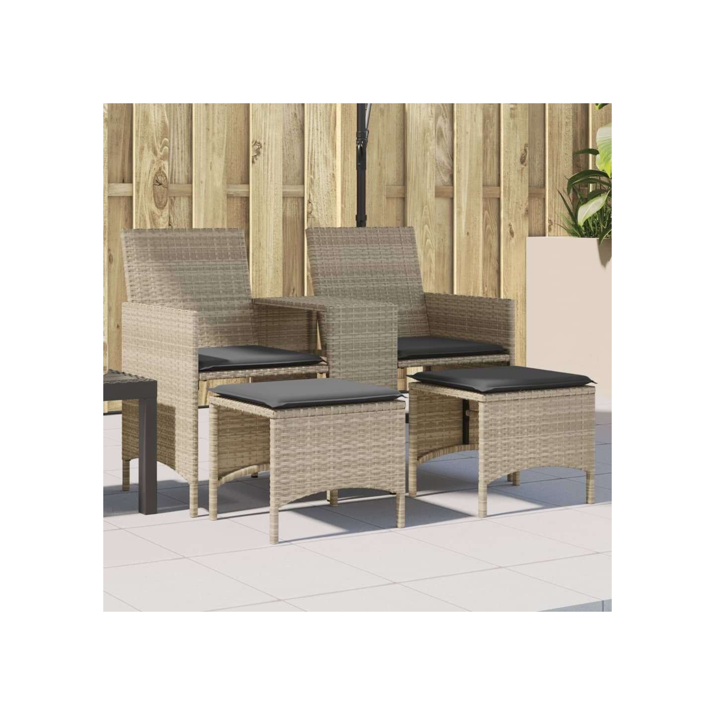 Canapé de jardin 2 places avec table tabourets gris clair rotin