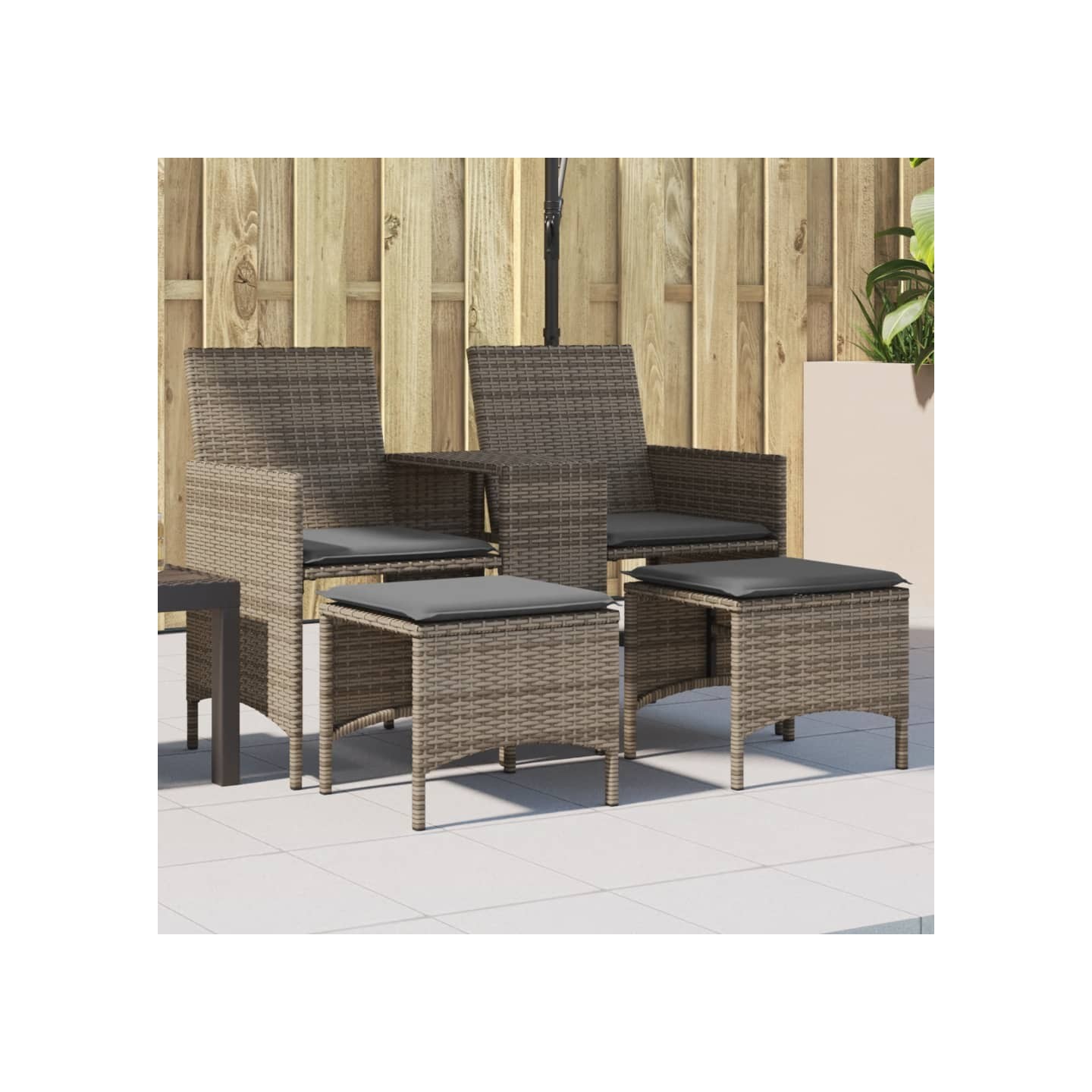 Canapé de jardin 2 places avec table et tabourets gris rotin