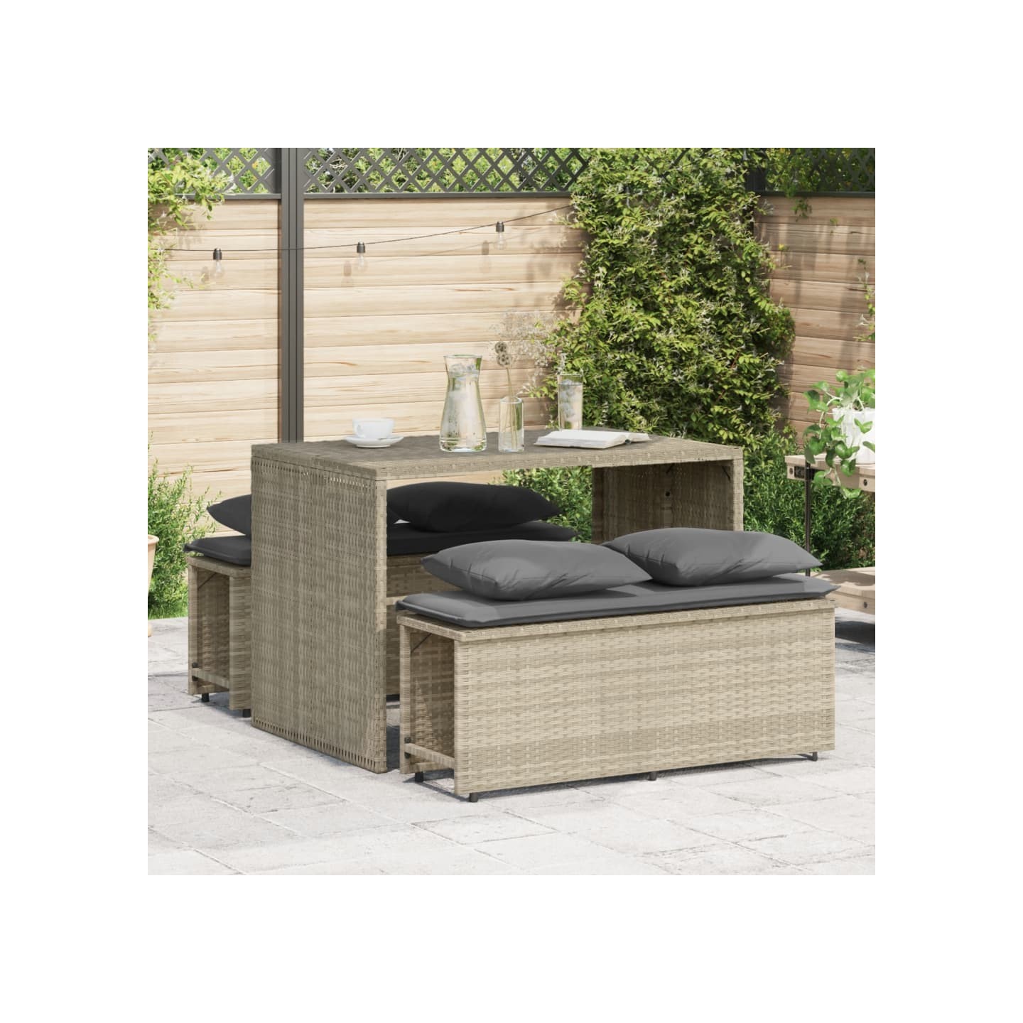 Ensemble à manger de jardin 3pcs coussins gris clair poly rotin