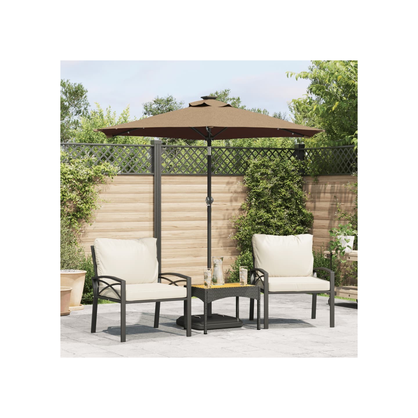 Parasol de jardin avec LED mât en acier taupe 225x225x212 cm