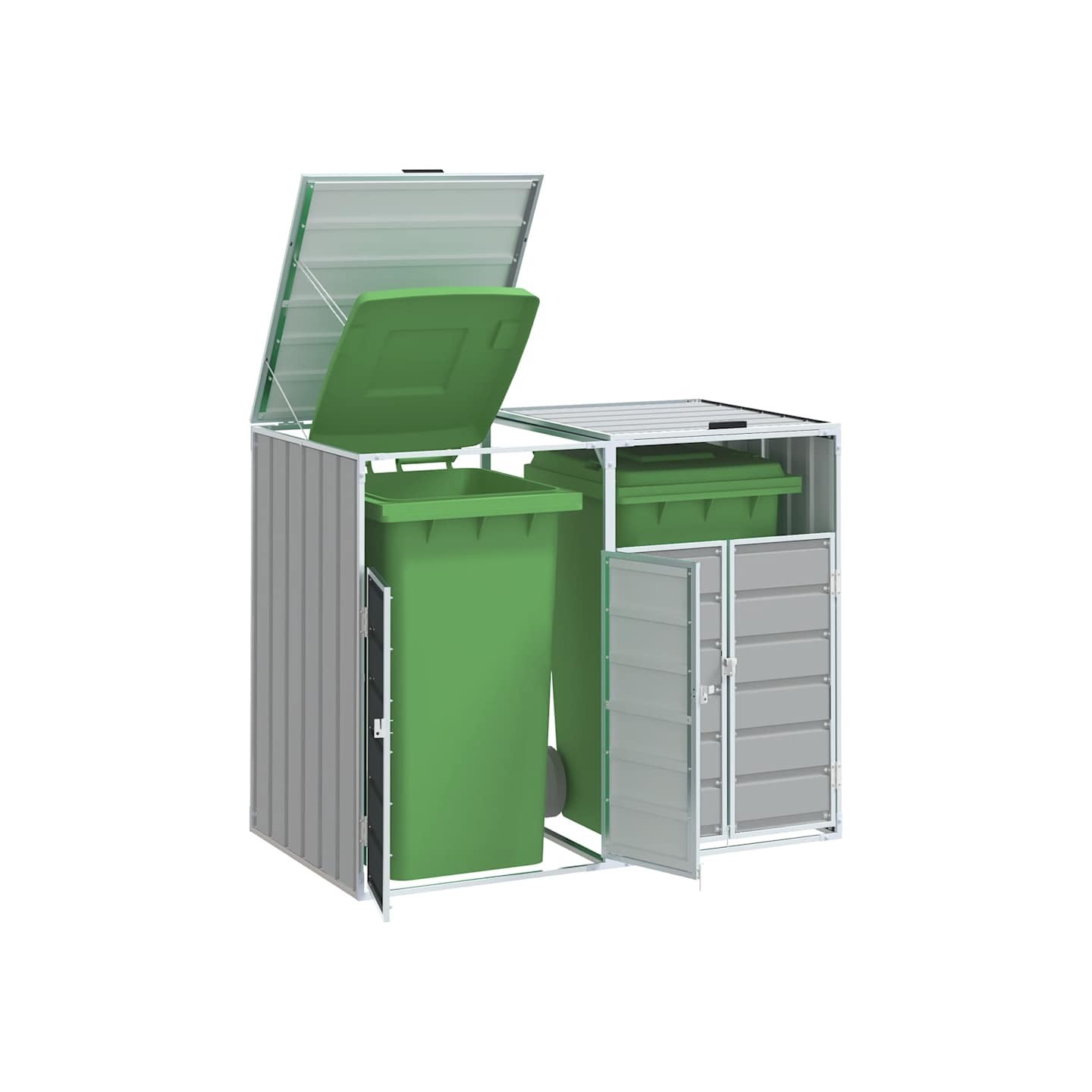 Rangement à roulettes pour poubelles pour deux bacs gris acier