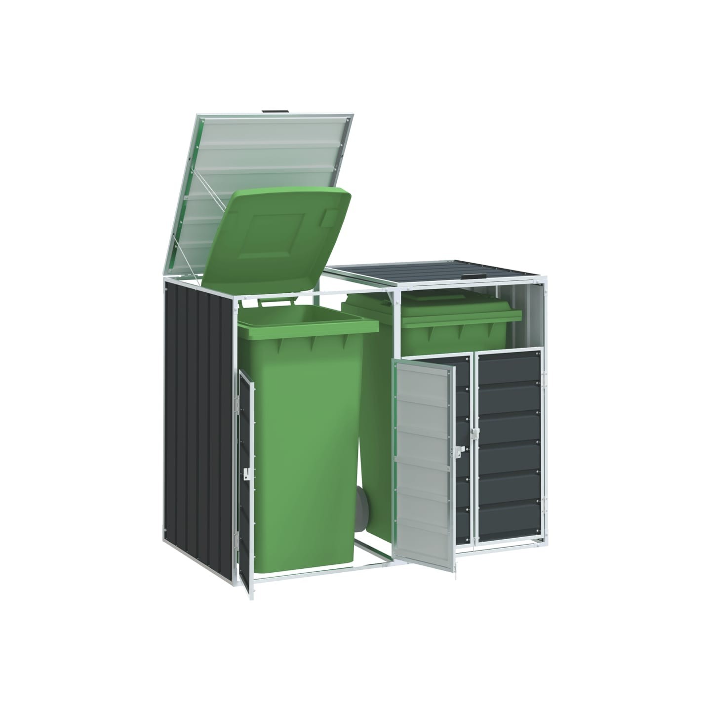 Rangement à roulettes pour poubelles pour deux bacs acier
