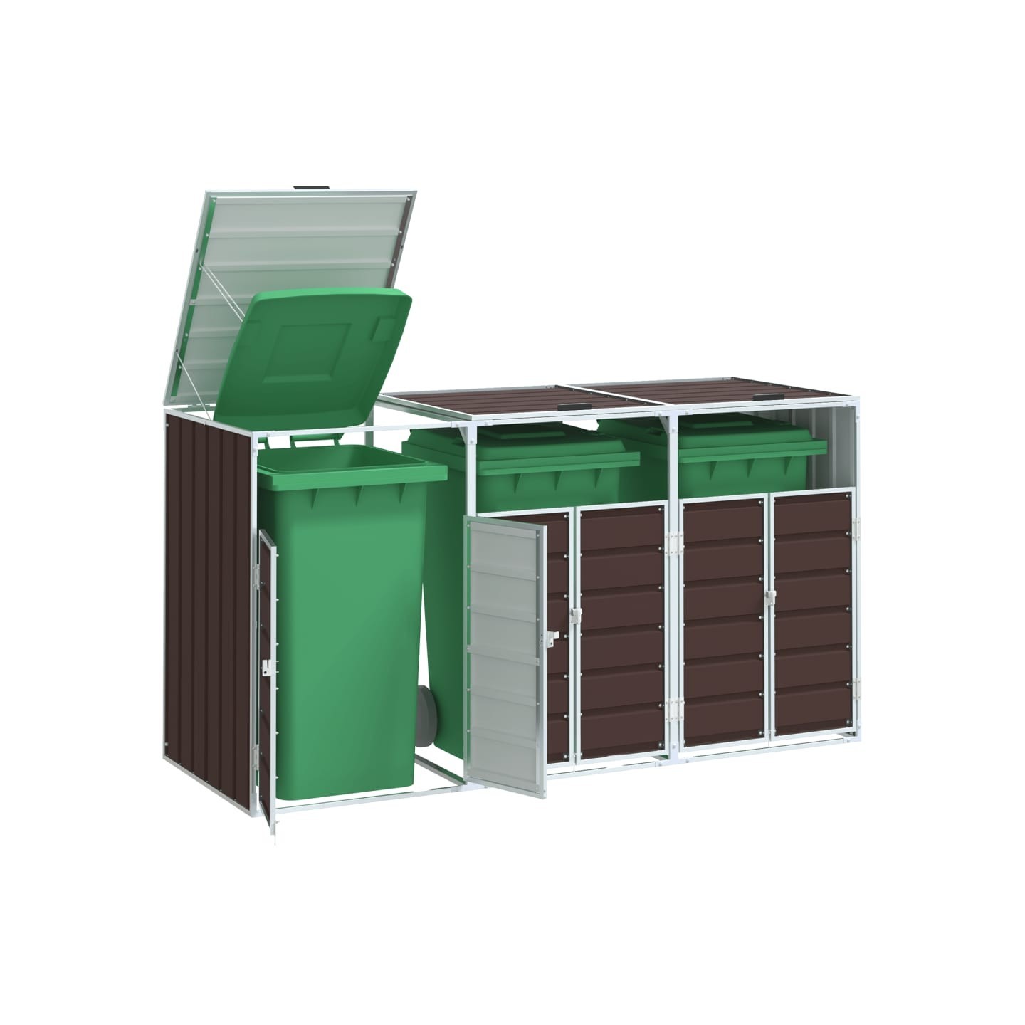 Rangement à roulettes pour poubelles pour trois bacs acier