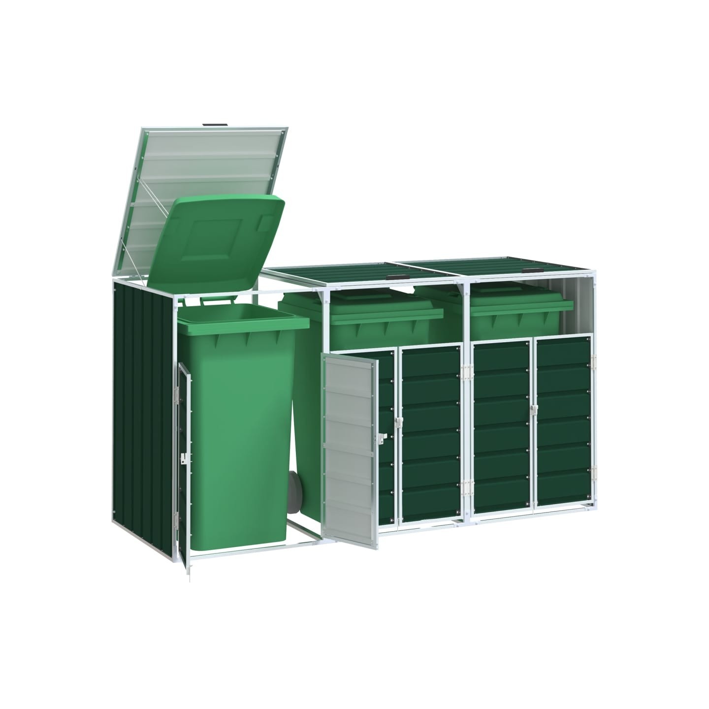 Rangement à roulettes pour poubelles pour trois bacs vert acier