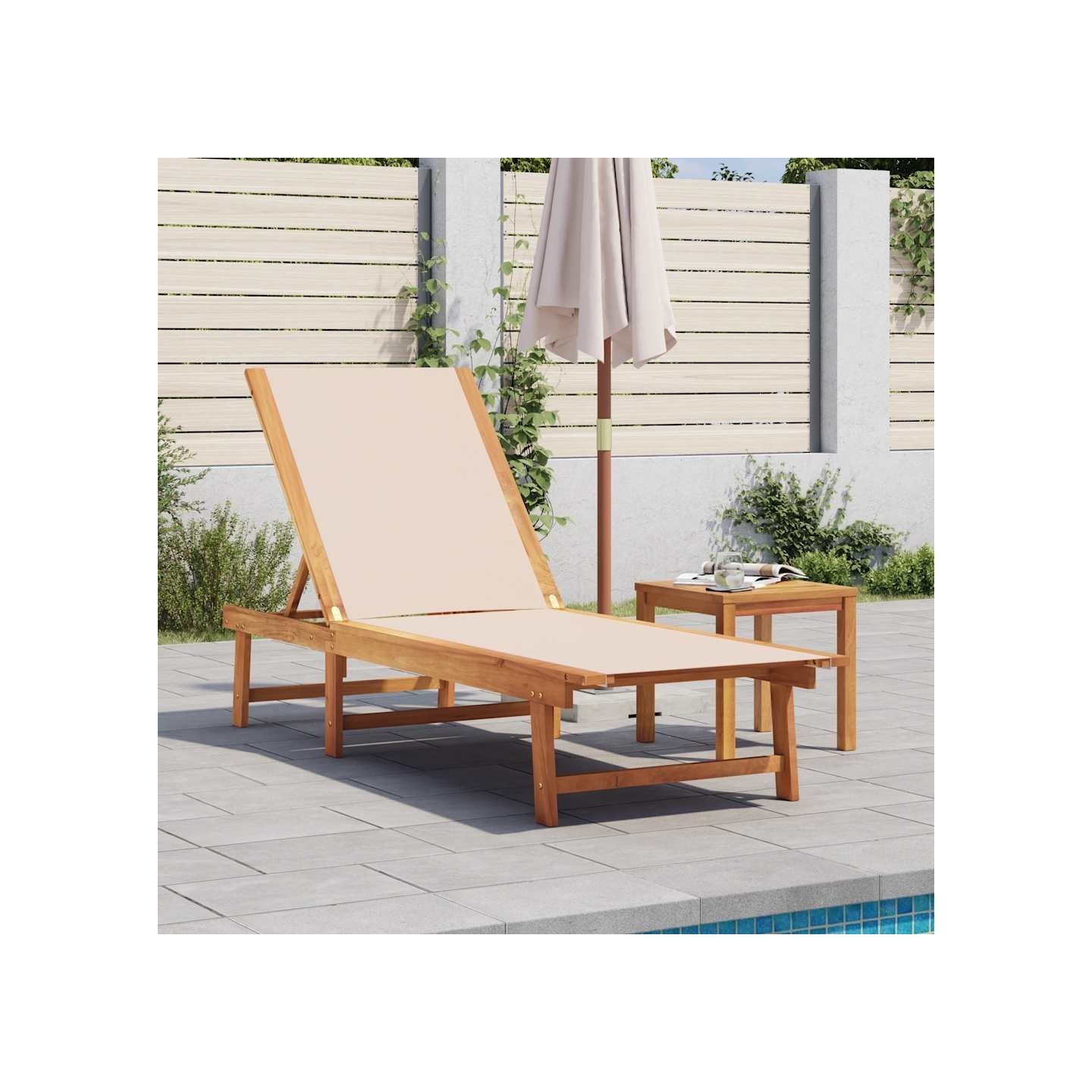 Chaise longue et table crème bois d'acacia solide et textilène