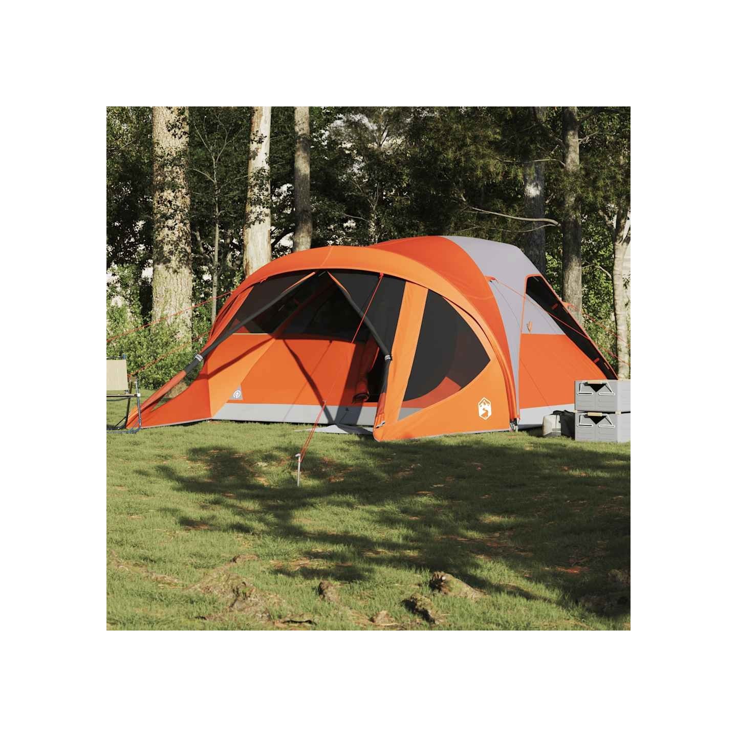 Tente familiale tunnel 6 personnes gris et orange imperméable