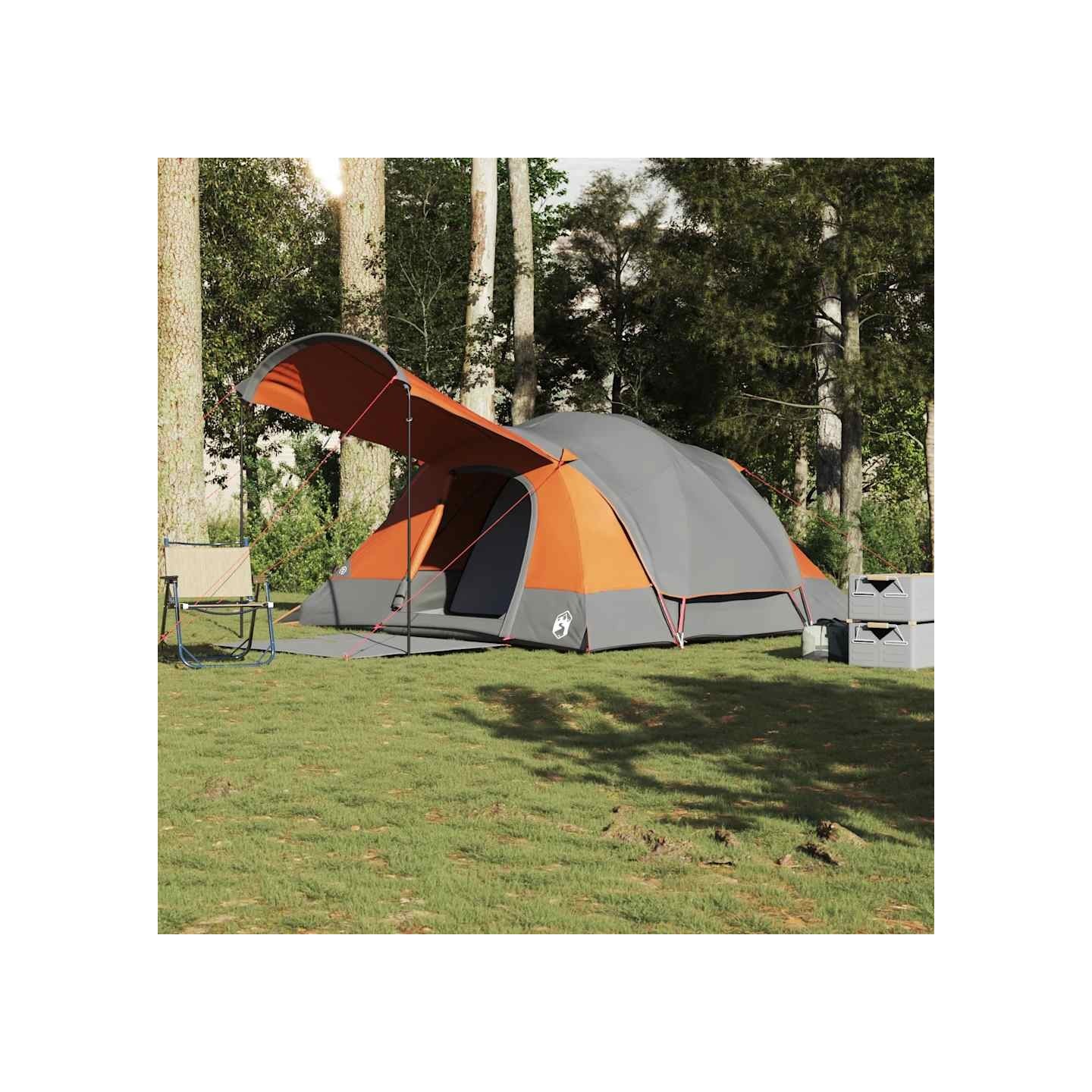 Tente familiale tunnel 8 personnes gris et orange imperméable