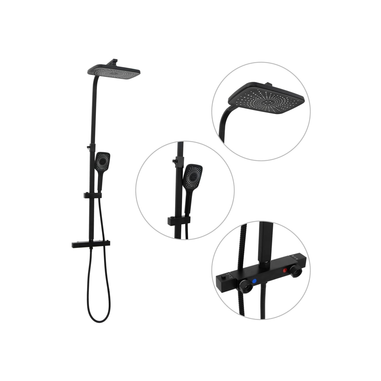 Ensemble de douche à deux tête et mitigeur et tuyau laiton noir