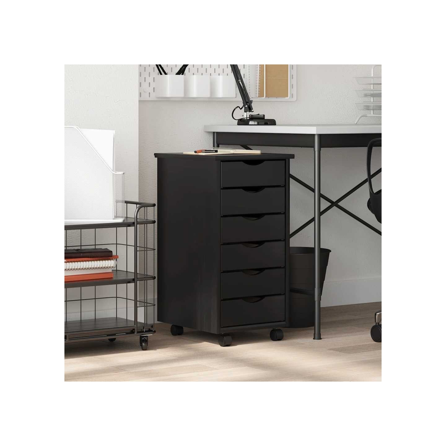 Armoire roulante avec tiroirs MOSS noir bois de pin solide