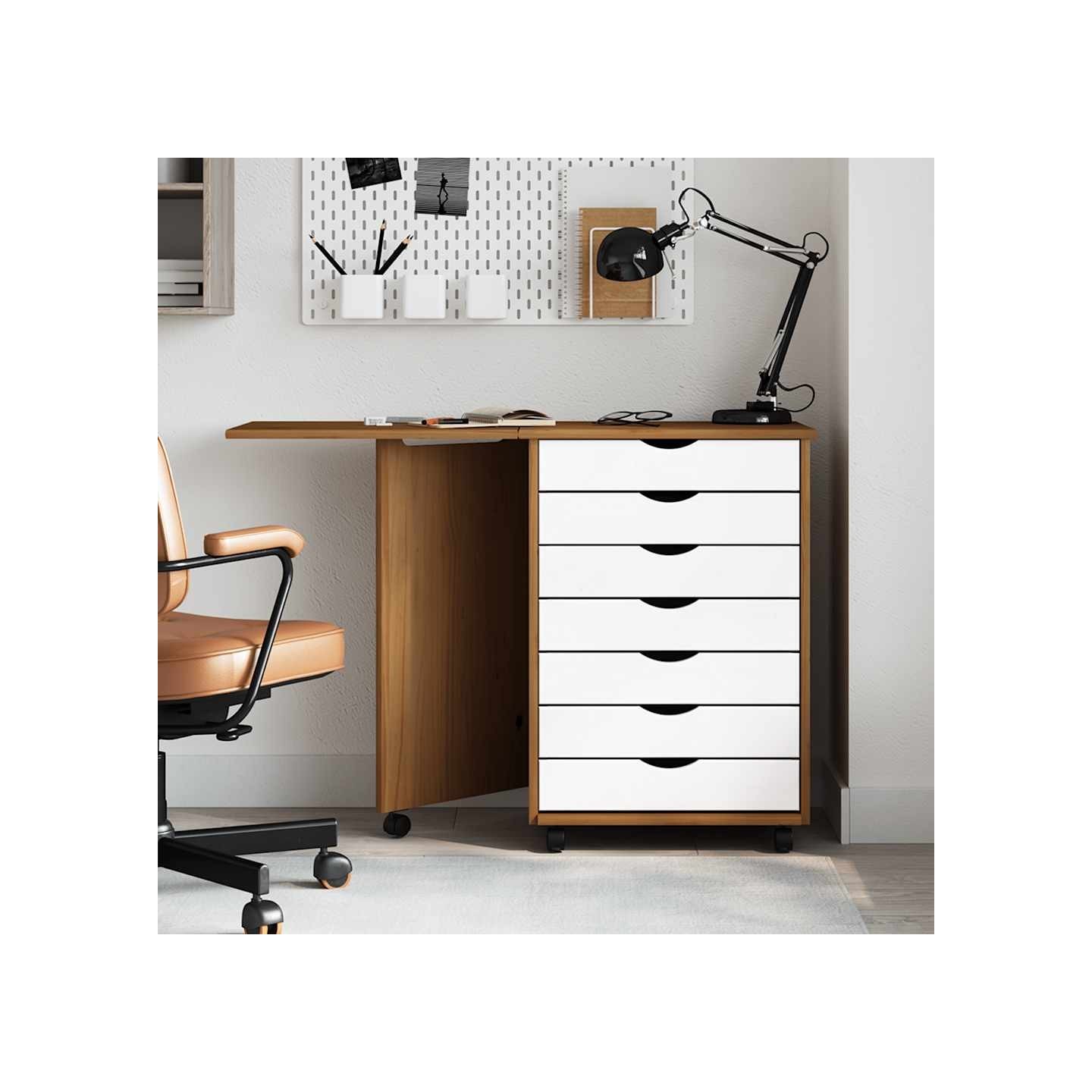 Armoire roulante avec bureau MOSS marron miel bois de pin