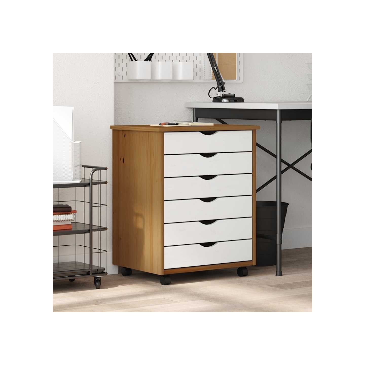 Armoire roulante avec tiroirs MOSS bois de pin marron miel
