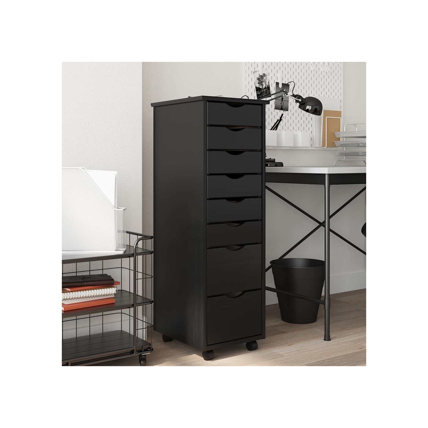 Armoire roulante avec tiroirs MOSS noir bois de pin solide