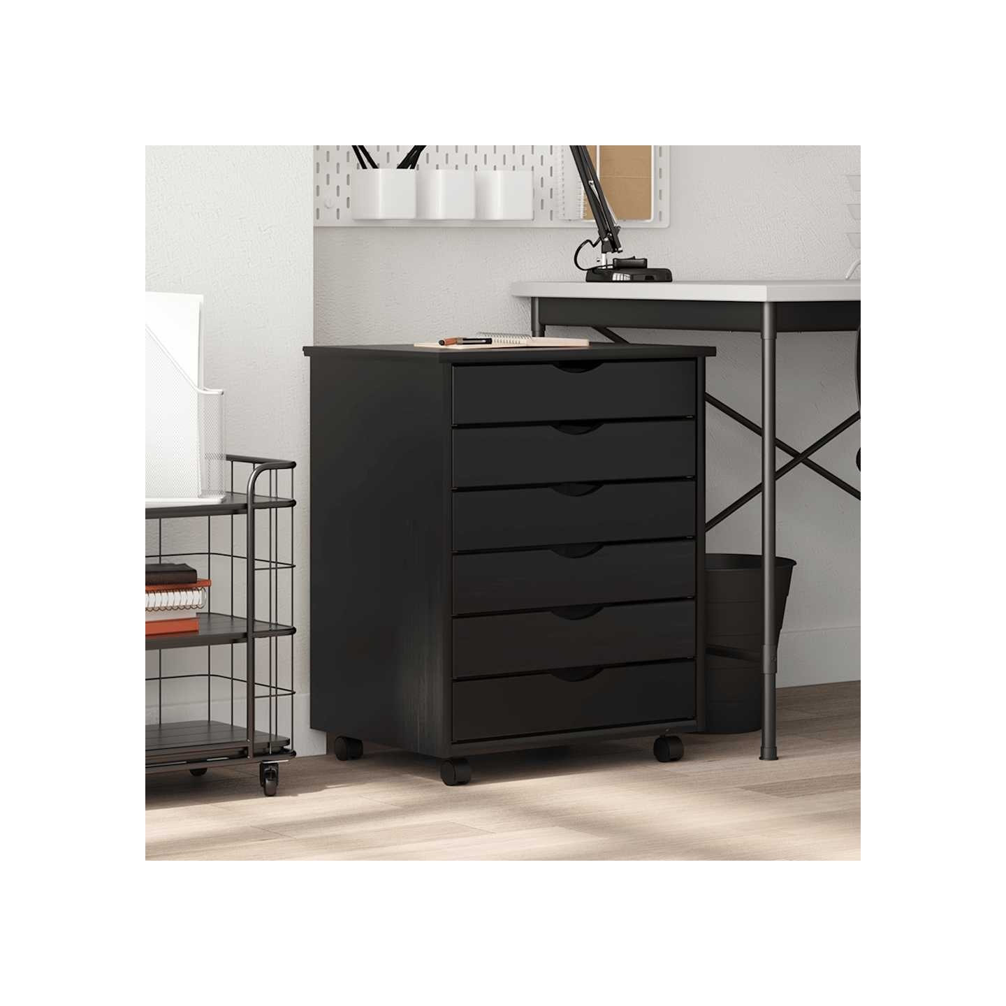 Armoire roulante avec tiroirs MOSS noir bois de pin solide