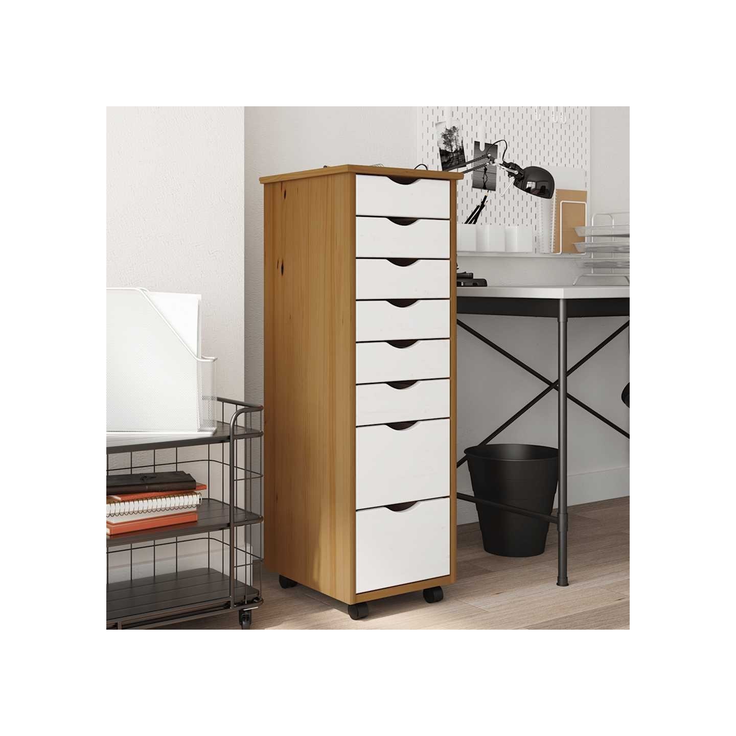 Armoire roulante avec tiroirs MOSS bois de pin marron miel