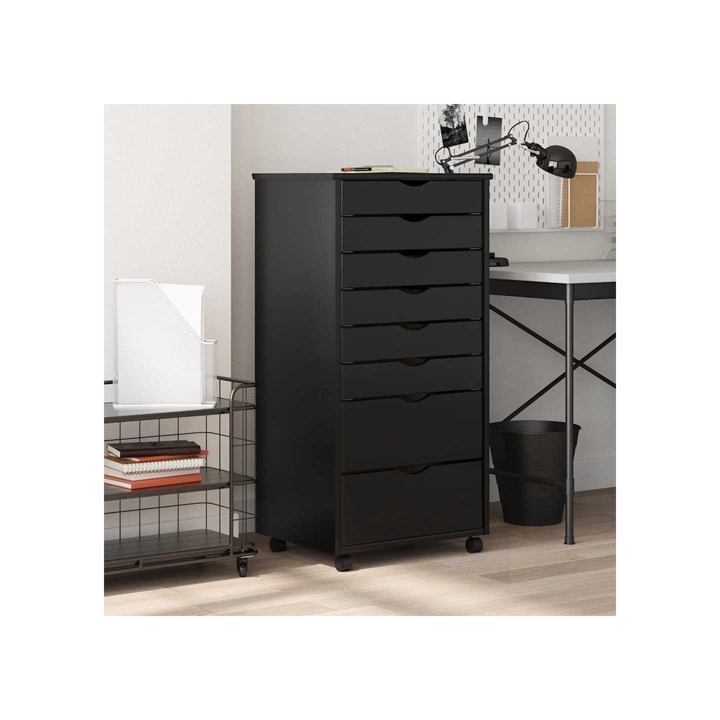 Armoire roulante avec tiroirs MOSS noir bois de pin solide