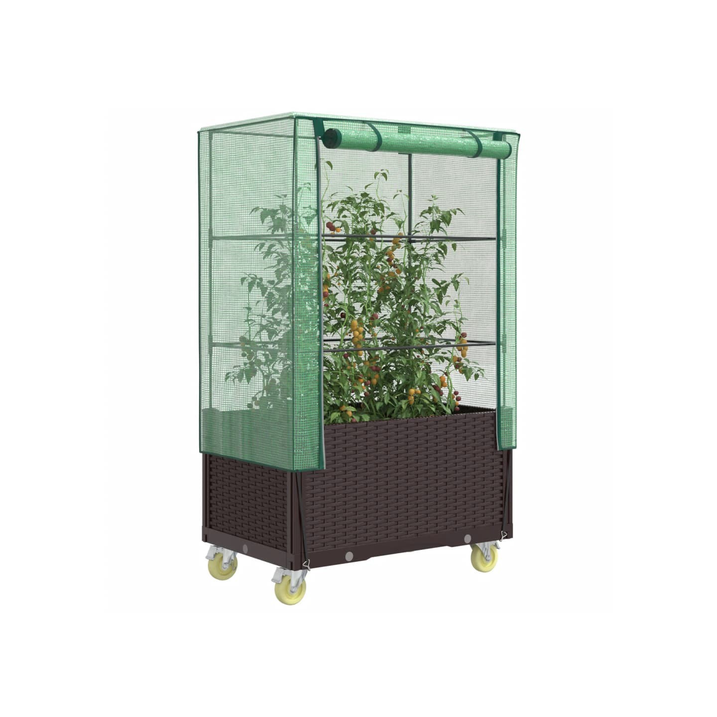 Jardinière surélevée avec housse et roues aspect rotin