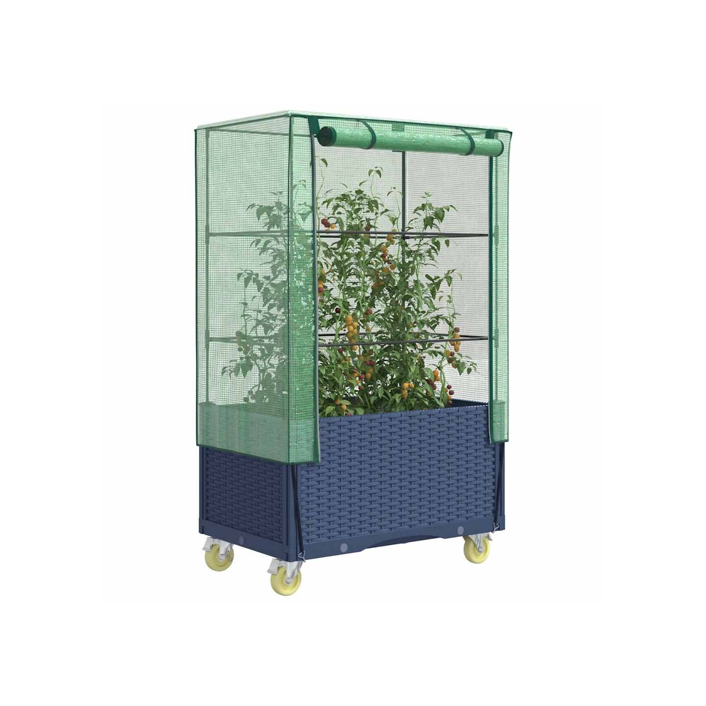 Jardinière surélevée avec housse et roues aspect rotin