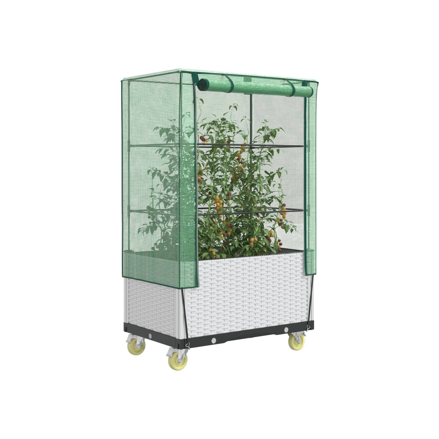 Jardinière surélevée avec housse et roues aspect rotin