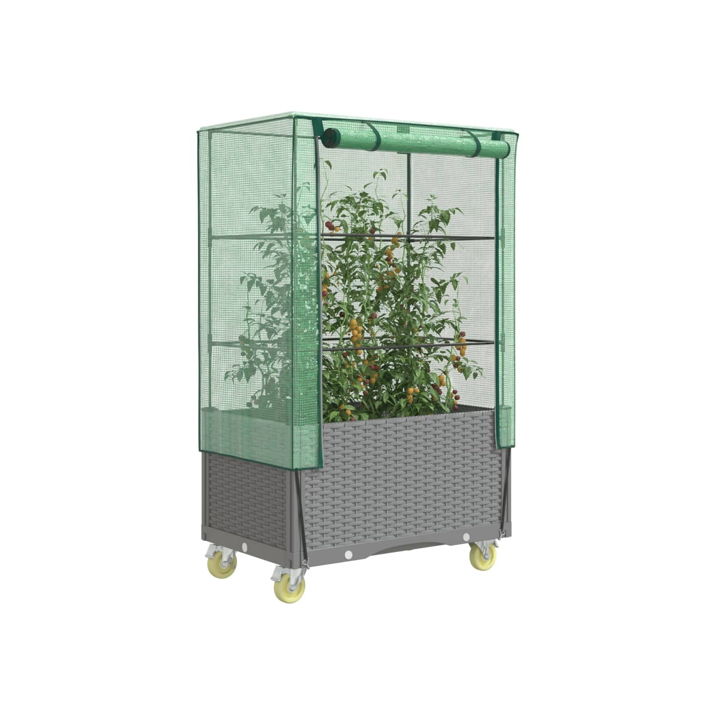 Jardinière surélevée avec housse et roues aspect rotin