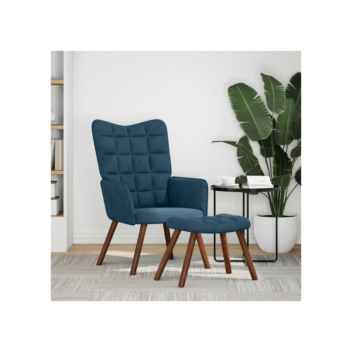 Chaise de relaxation avec tabouret Bleu Velours