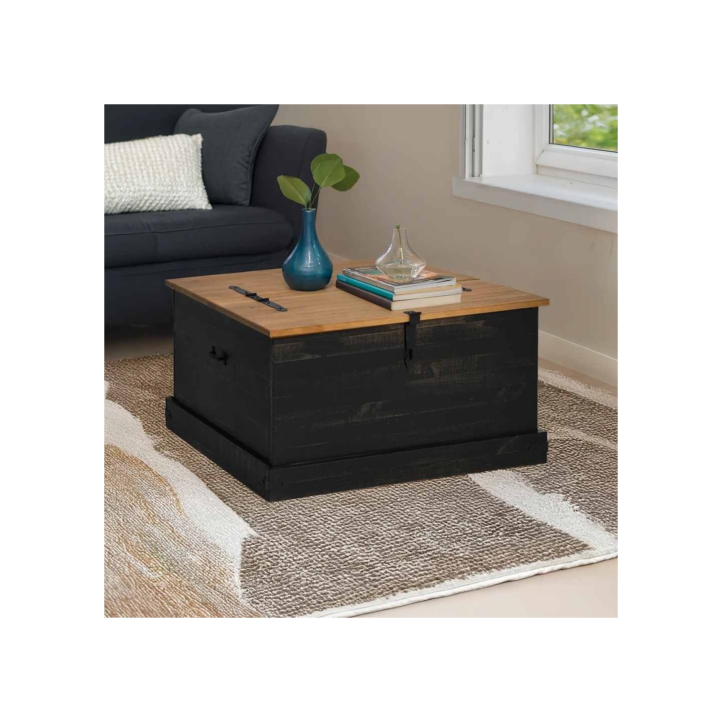 Coffre de rangement HALDEN noir 91x91x47 cm bois massif pin
