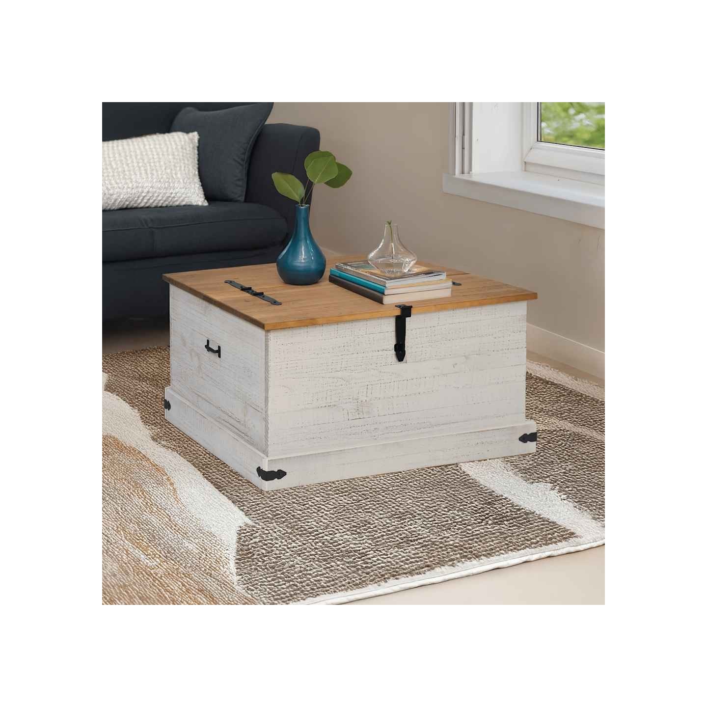 Coffre de rangement HALDEN blanc 91x91x47 cm bois massif pin