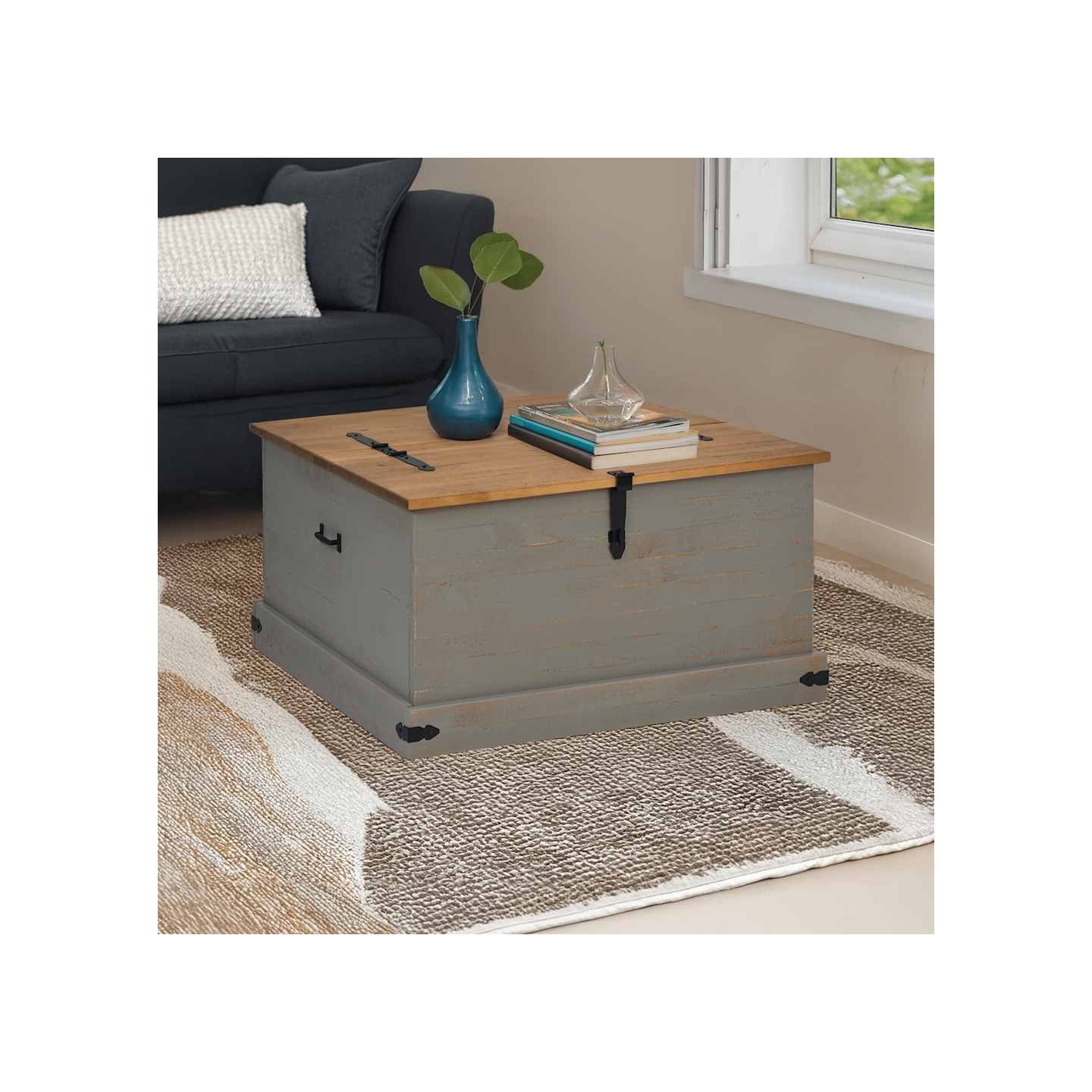 Coffre de rangement HALDEN gris 91x91x47 cm bois massif pin