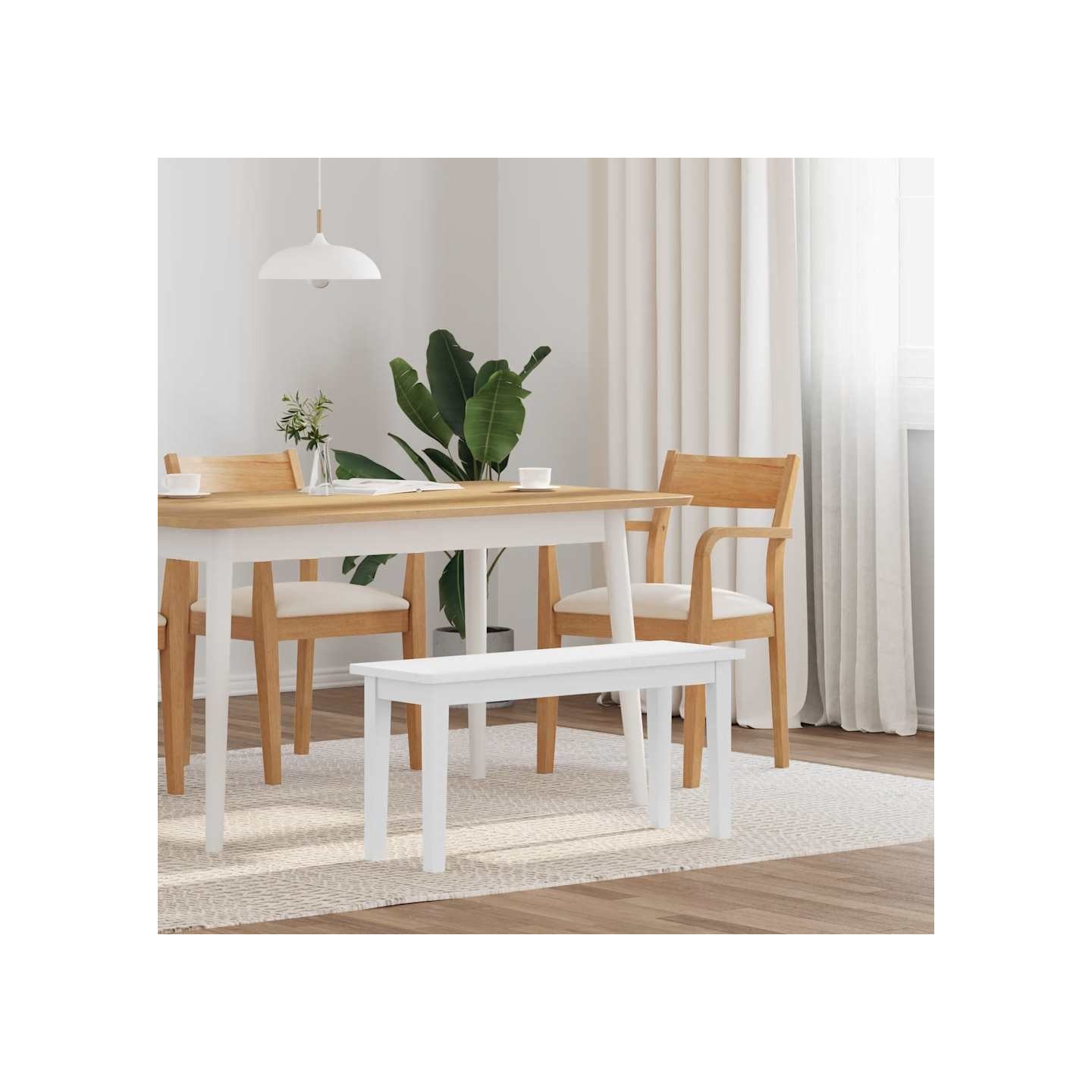 Banc 90 cm blanc bois massif caoutchouc