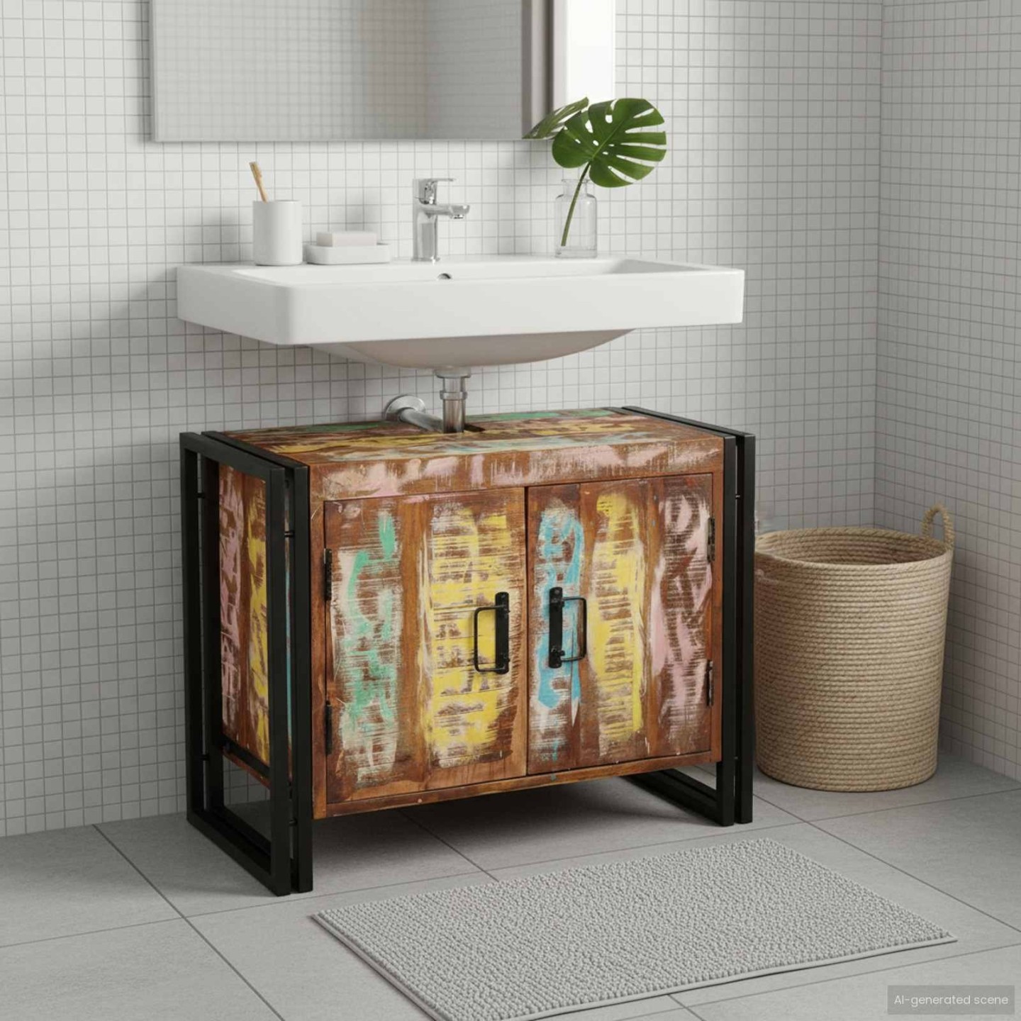 Meuble sous évier avec étagère Multicolore Bois Recyclé Solide