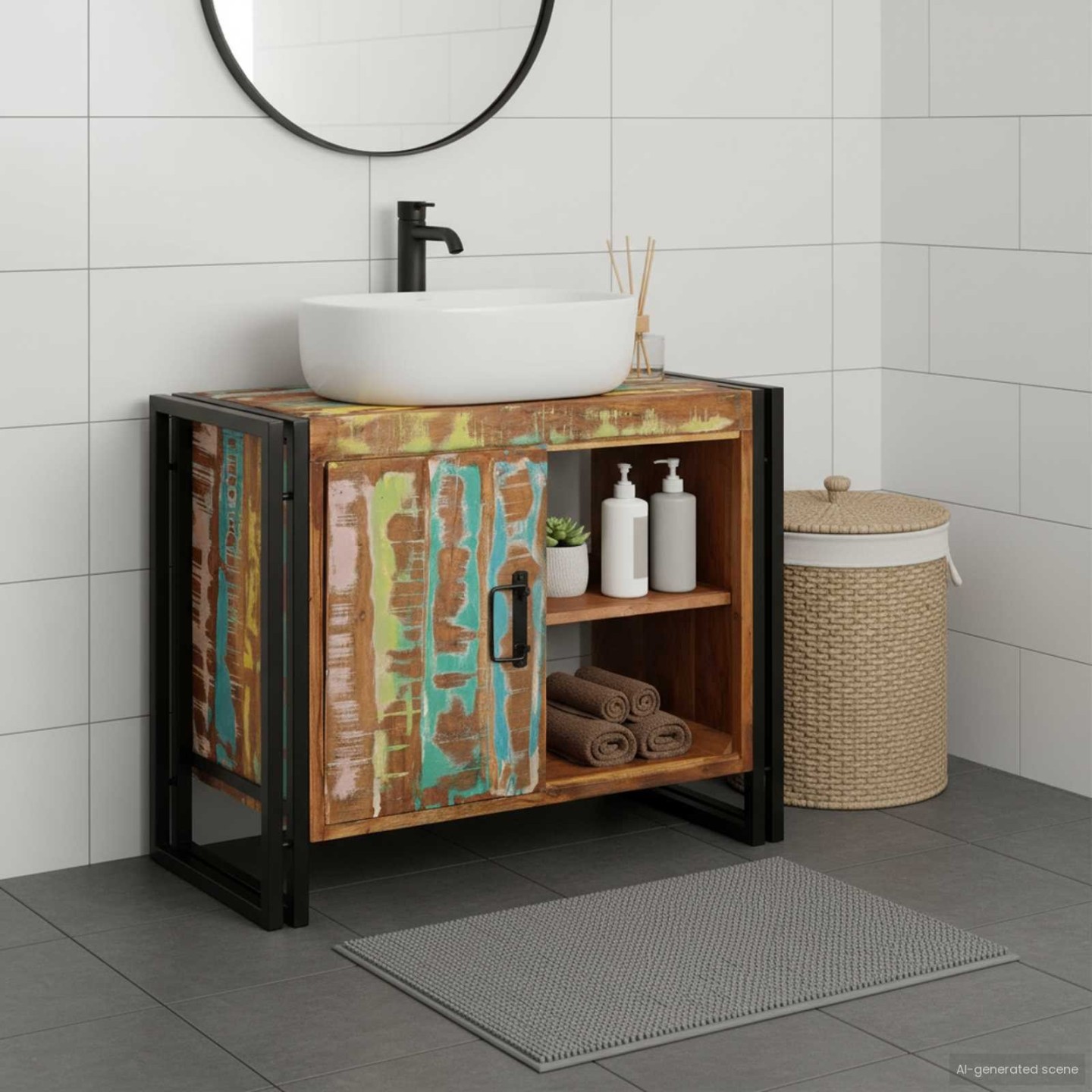 Meuble sous évier avec étagère Multicolore Bois Recyclé Solide