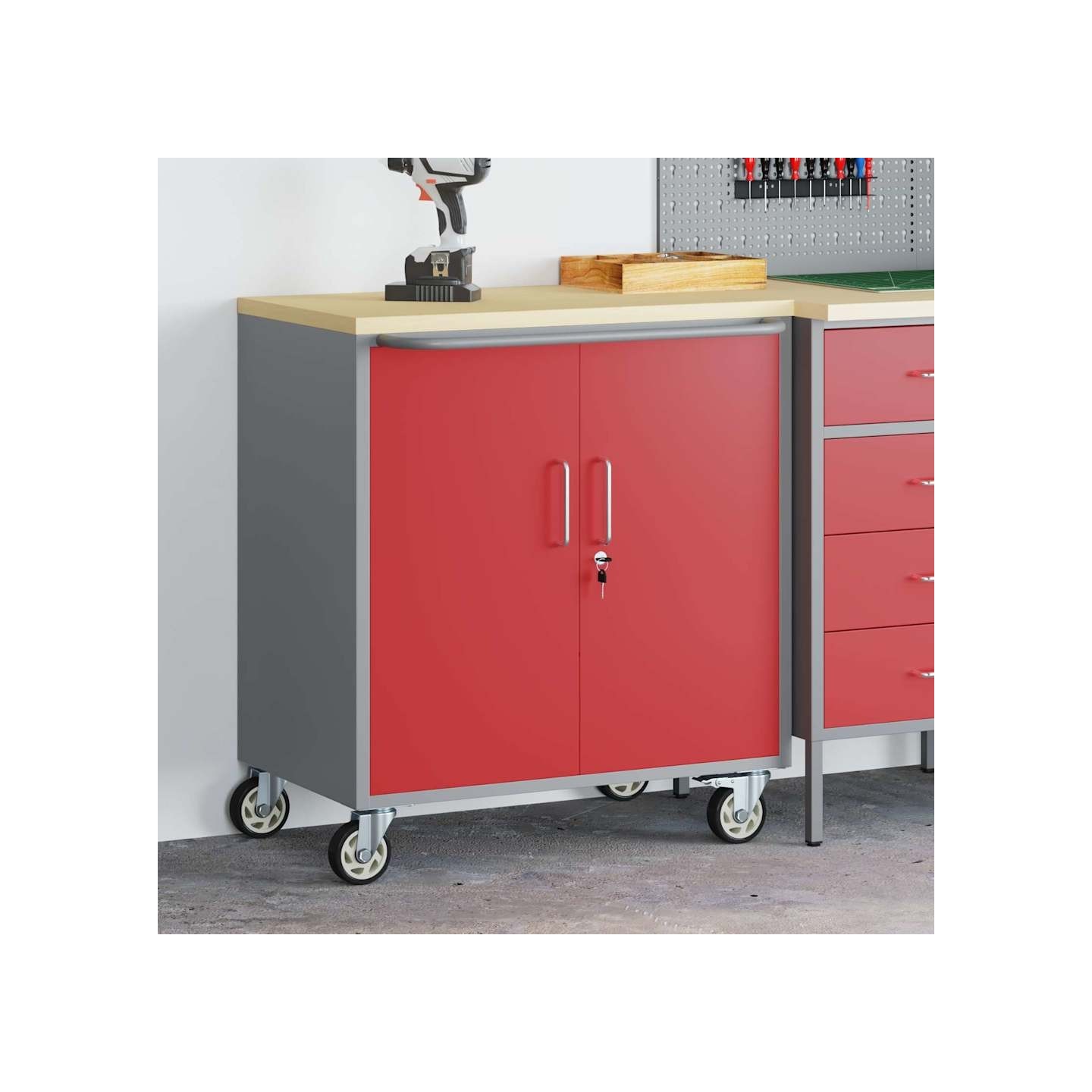 Trolley roulant avec étagère Rouge et Gris 75 x 45 x 85 cm