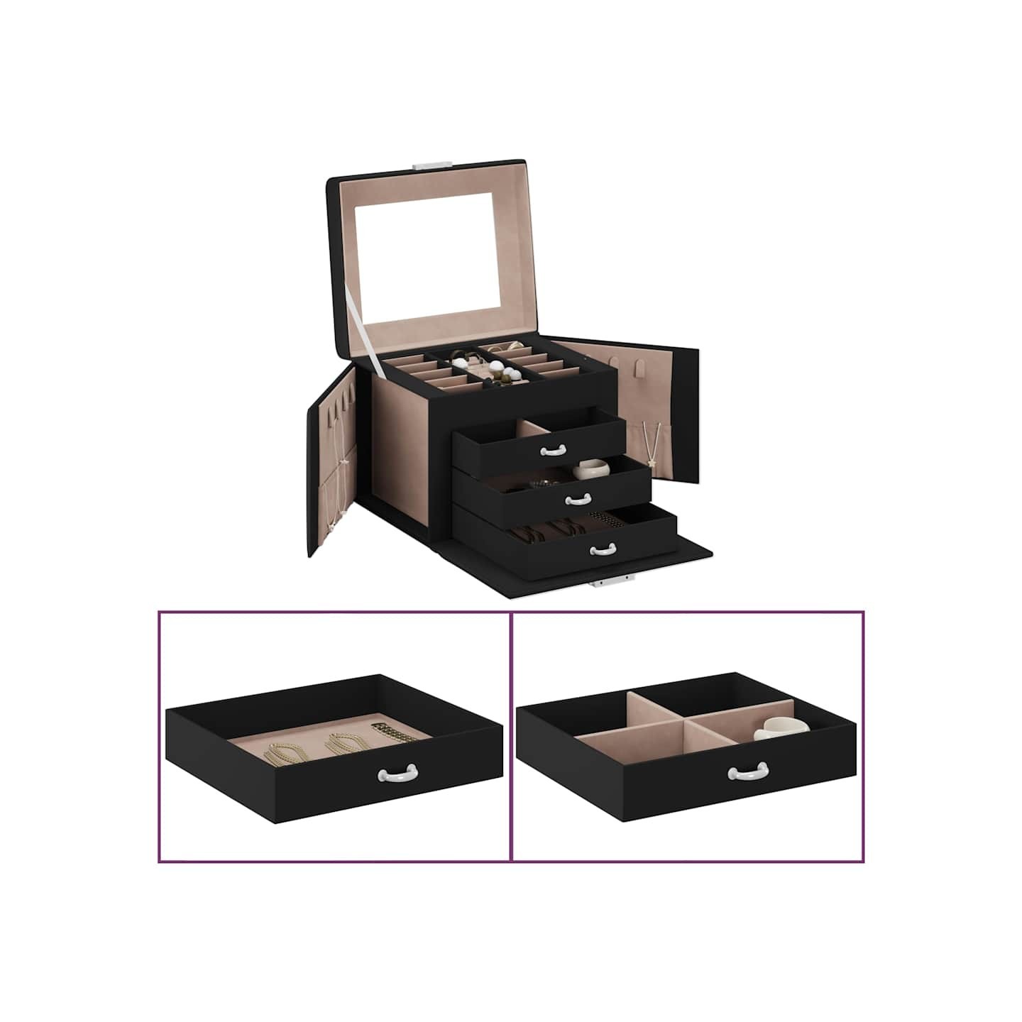 Boîte à bijoux 4 niveaux miroir verrouillable noir