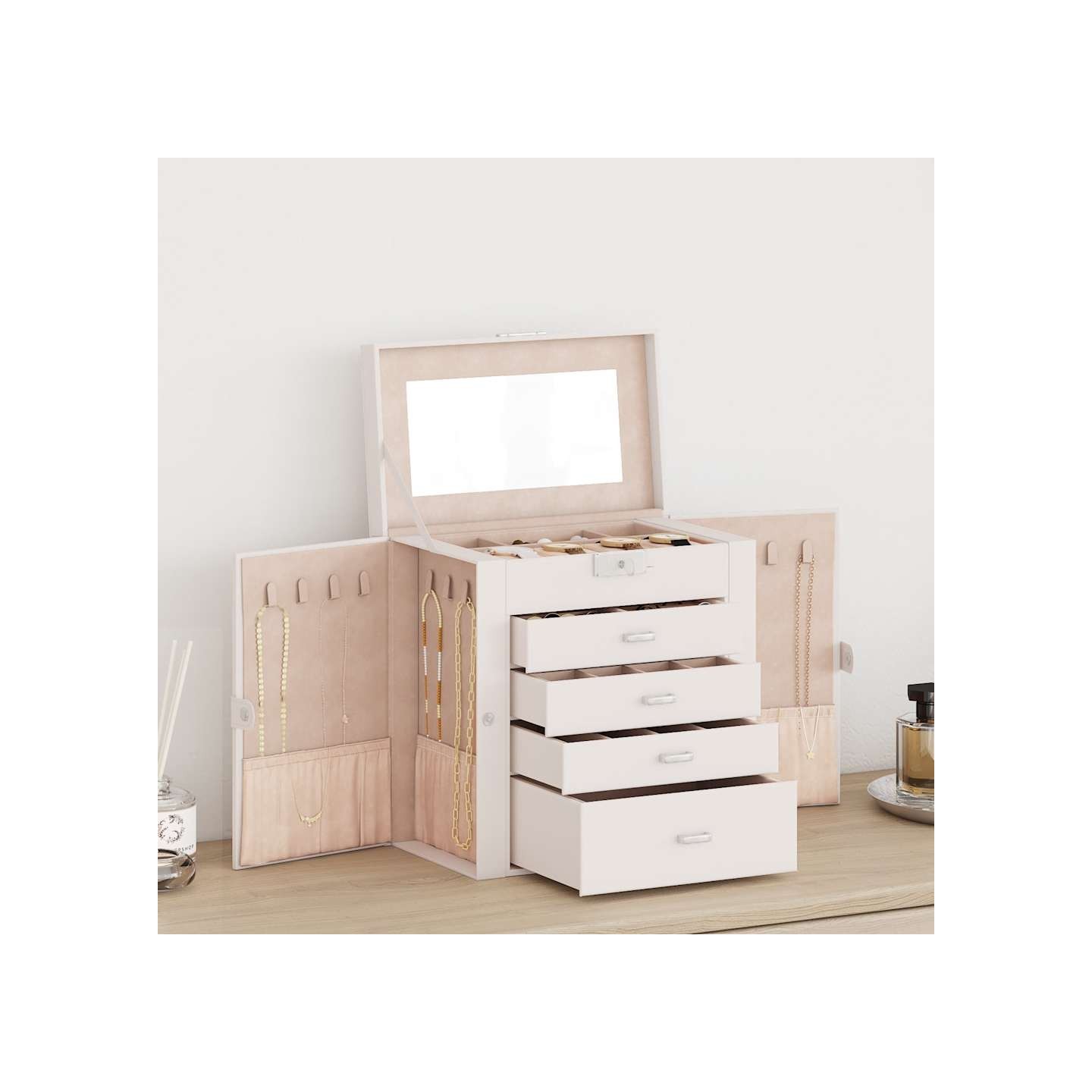 Boîte à bijoux 5 niveaux avec miroir verrouillable blanc