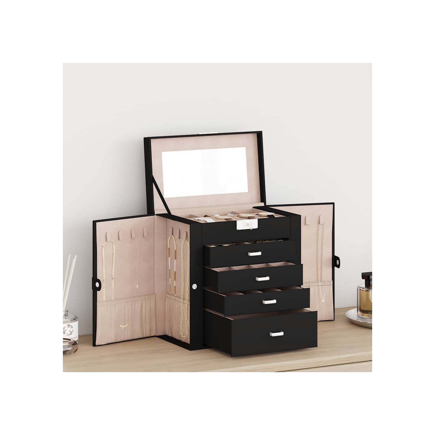 Boîte à bijoux 5 niveaux avec miroir verrouillable noir