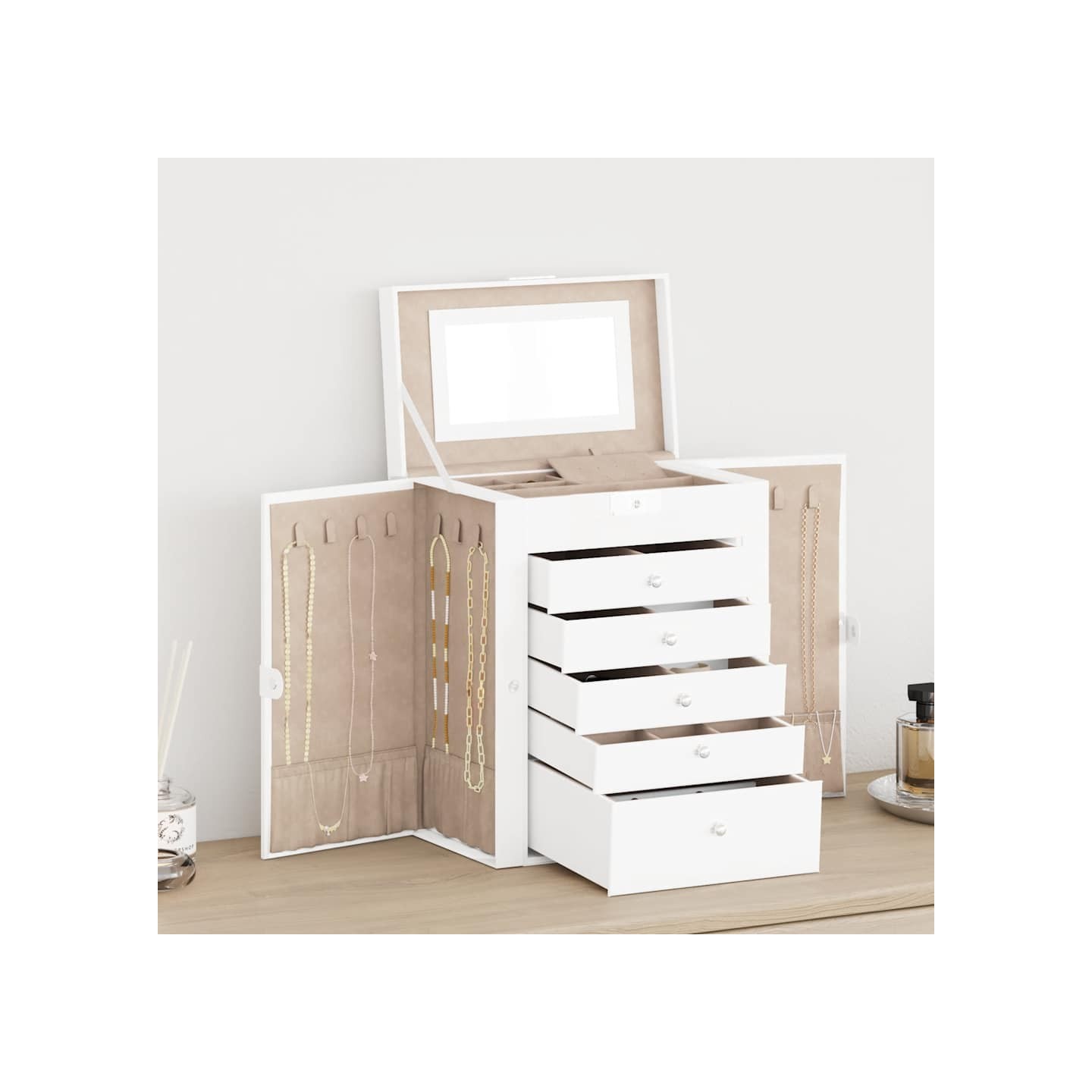 Boîte à bijoux 6 niveaux avec miroir verrouillable blanc