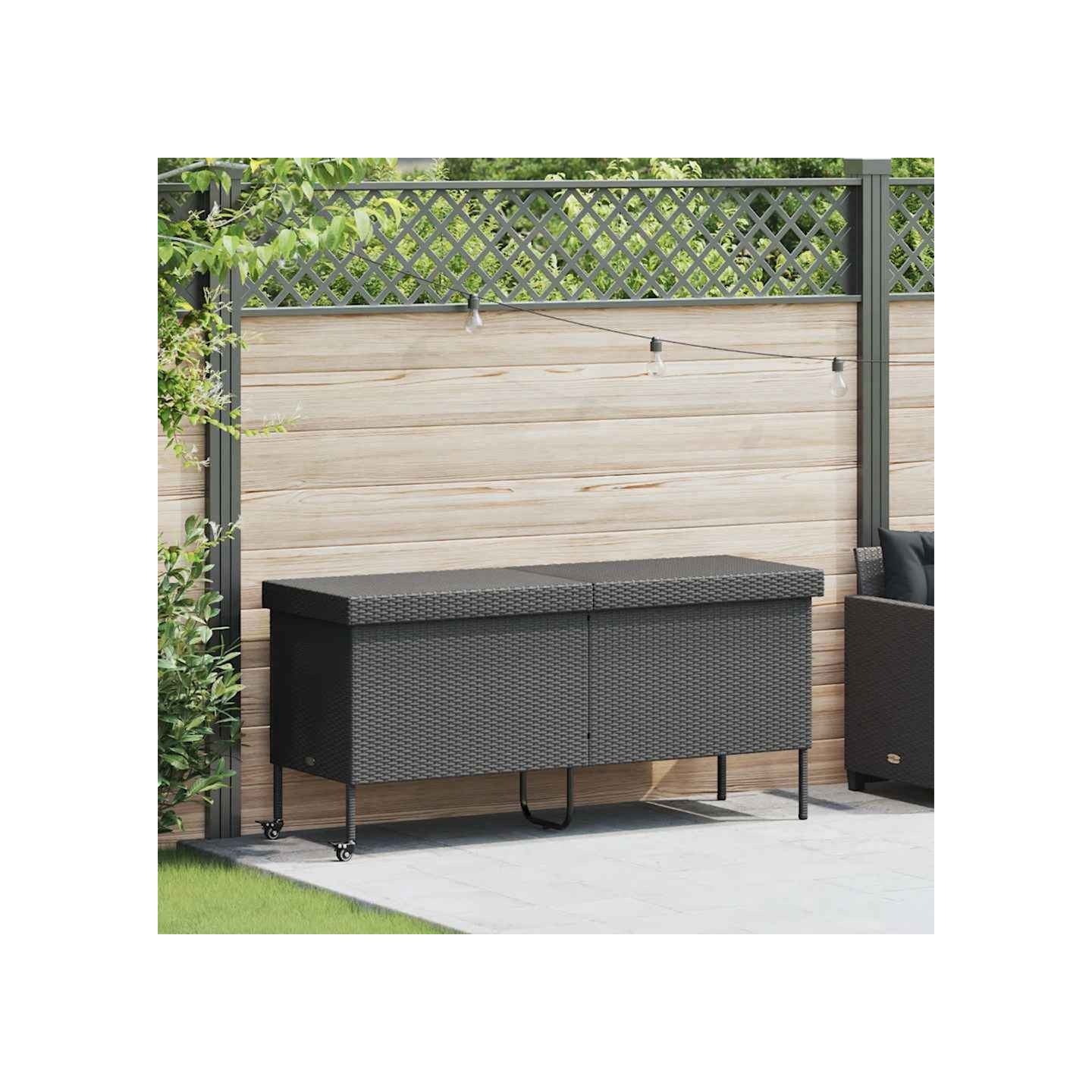 Boîte de rangement de jardin et roues noir résine tressée