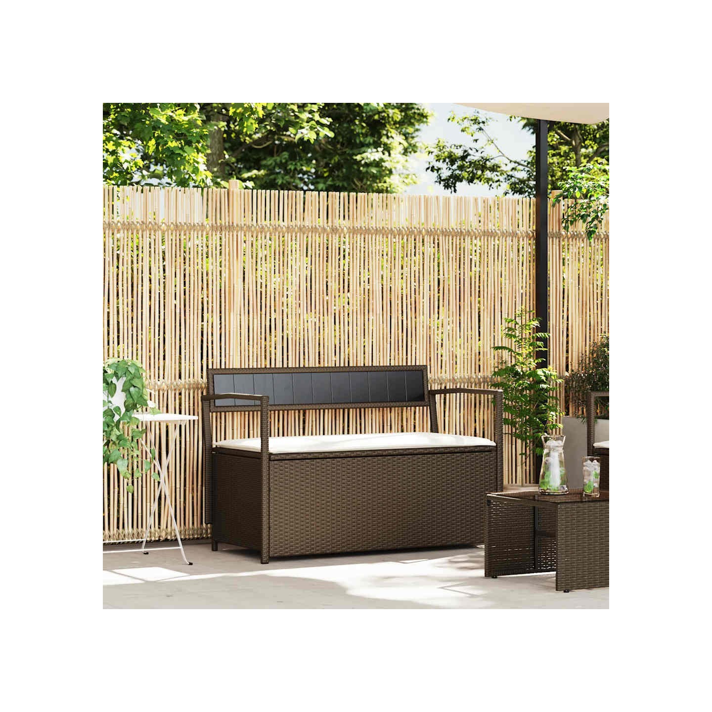 Banc de rangement de jardin avec coussin marron résine tressée