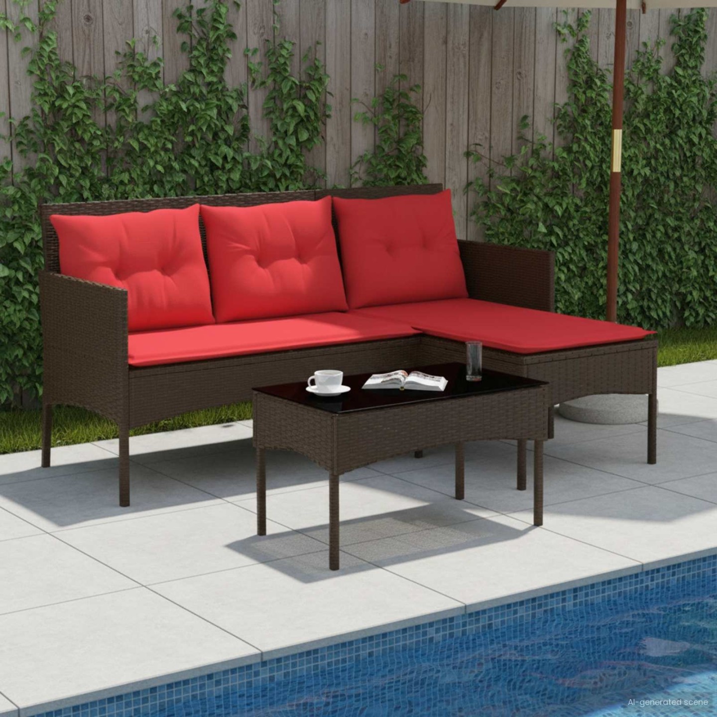 Ensemble de canapé de jardin 2 pc Marron et rouge polyrotin