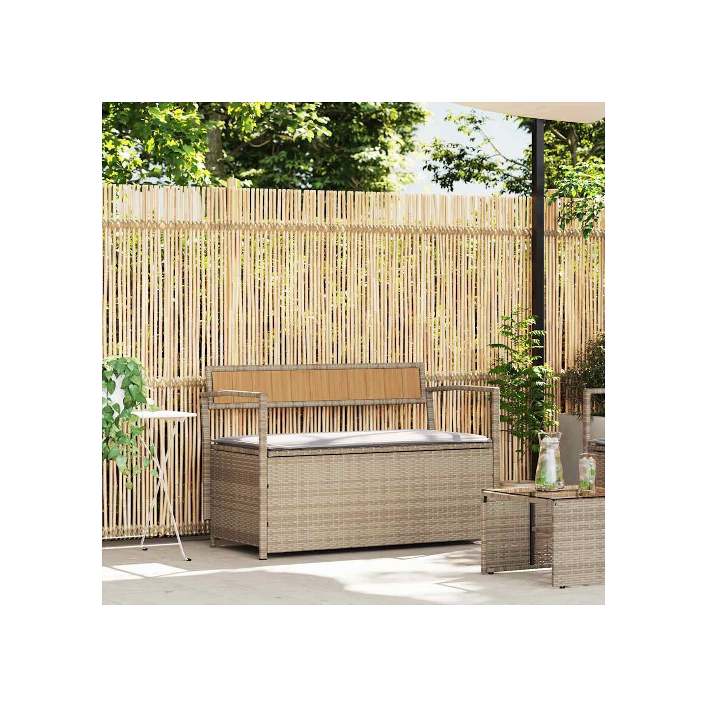 Banc de rangement de jardin avec coussin beige résine tressée