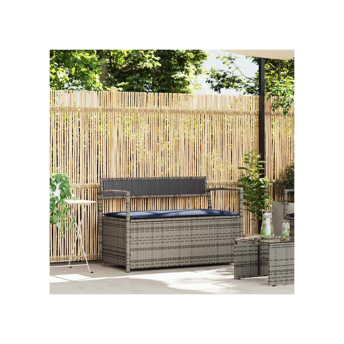 Banc de rangement de jardin avec coussin gris résine tressée