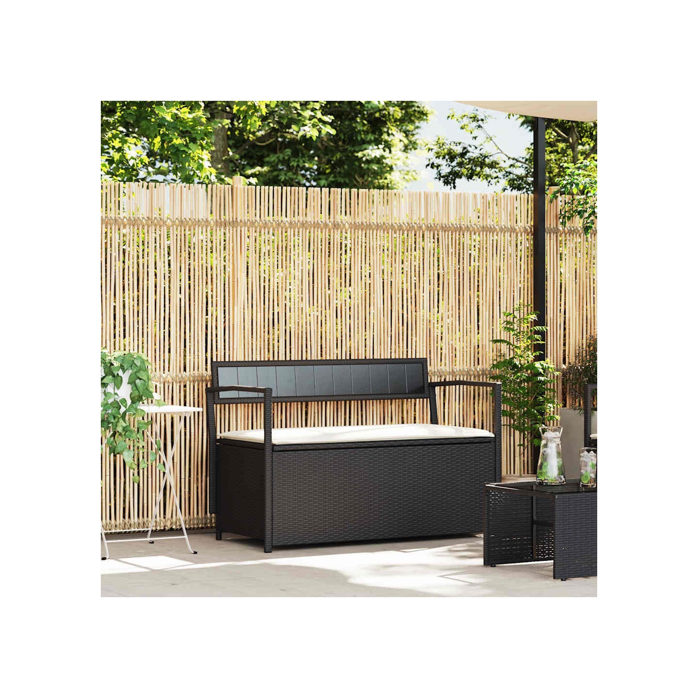 Banc de rangement de jardin avec coussin noir résine tressée