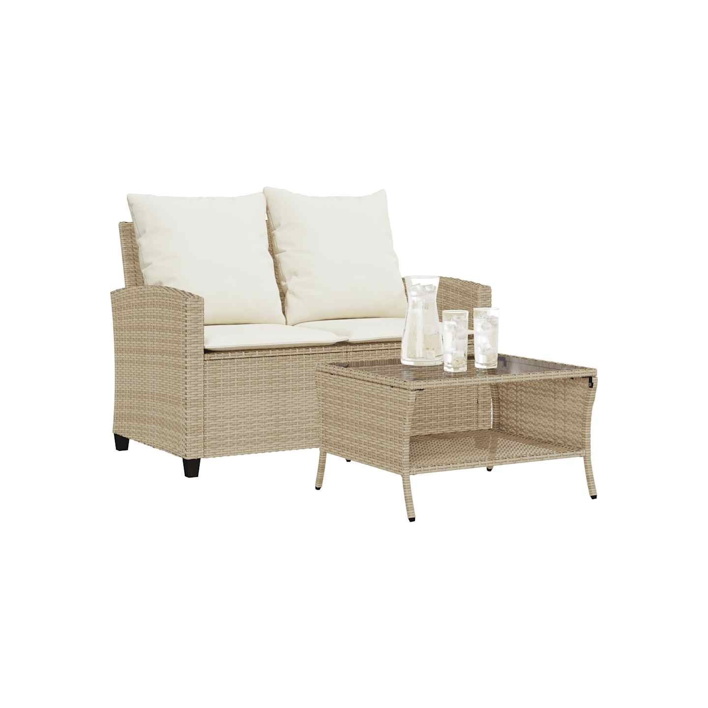 Canapé de jardin 2places coussins et table beige résine tressée