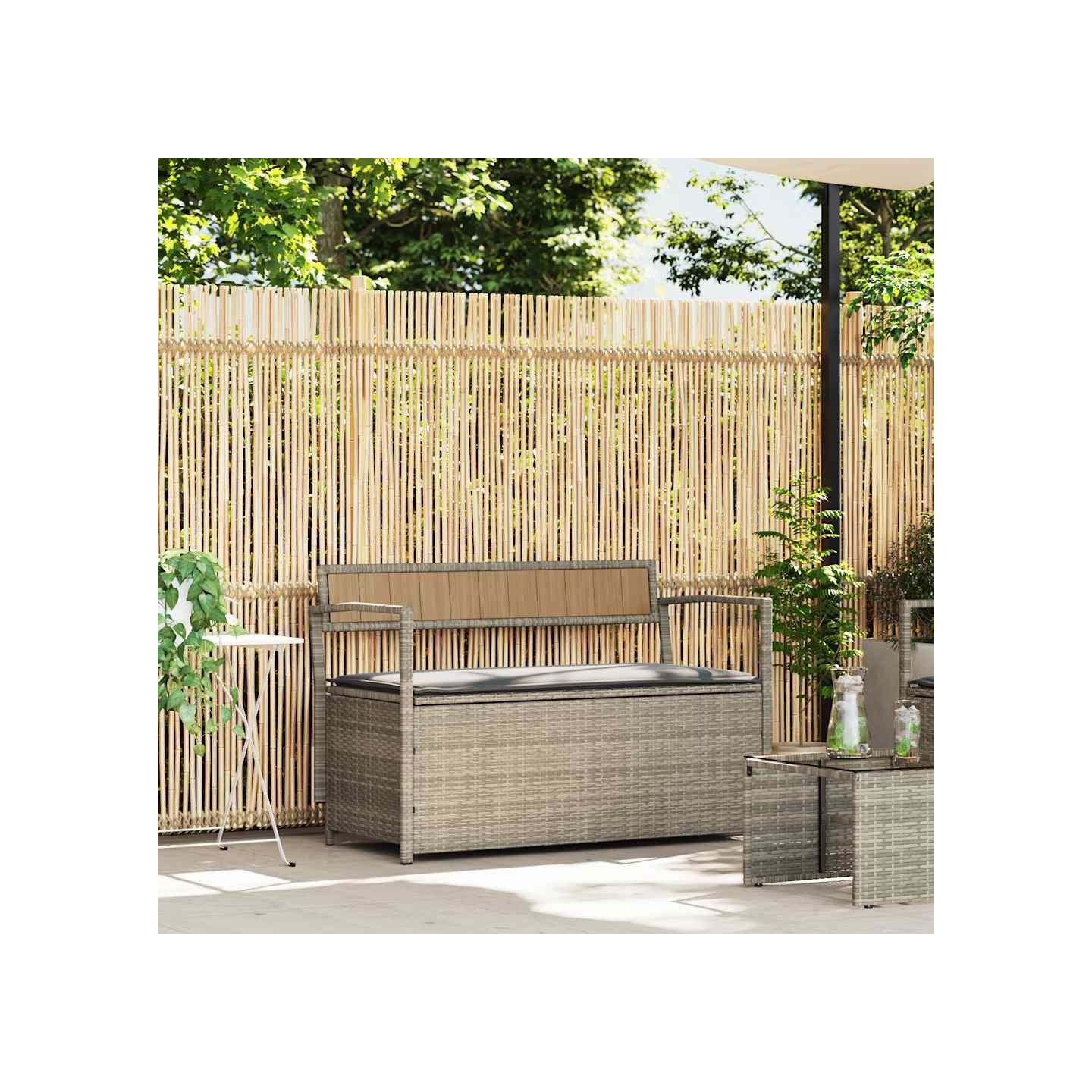 Banc de rangement de jardin avec coussin gris clair résine tressée